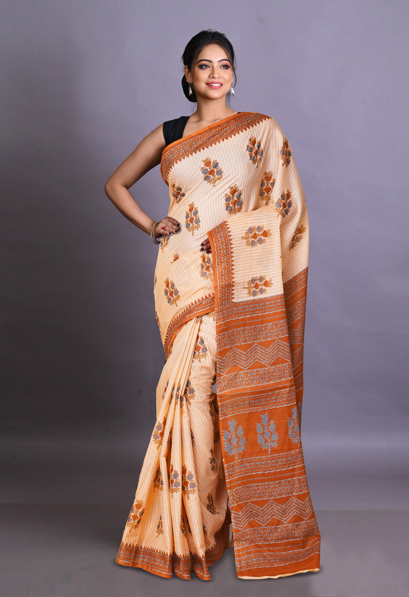 Orange Pure Hand Block Printed Soft Cotton Saree