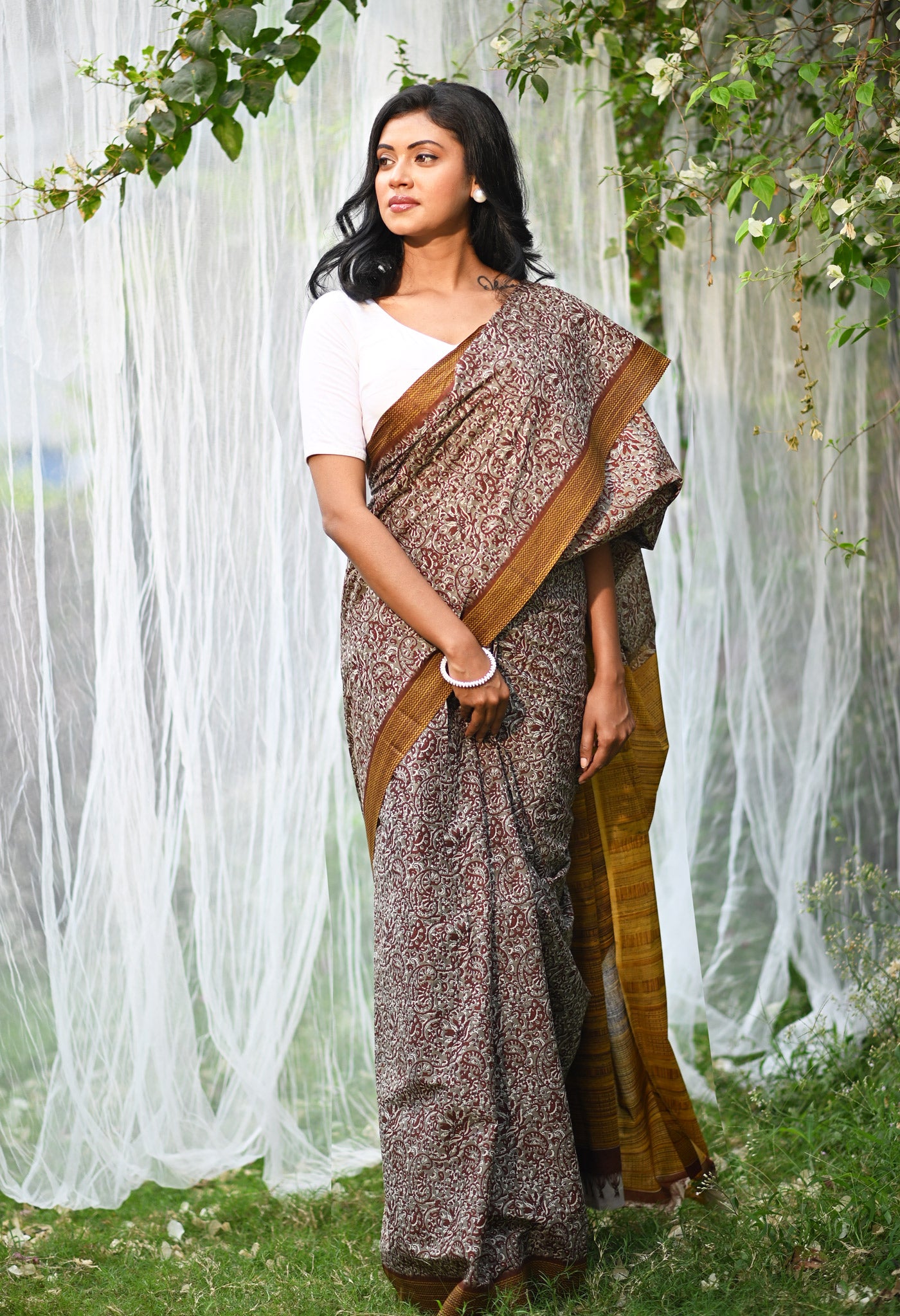 Brown-Yellow Pure Hand Block Printed Soft Cotton Saree-UNM79348