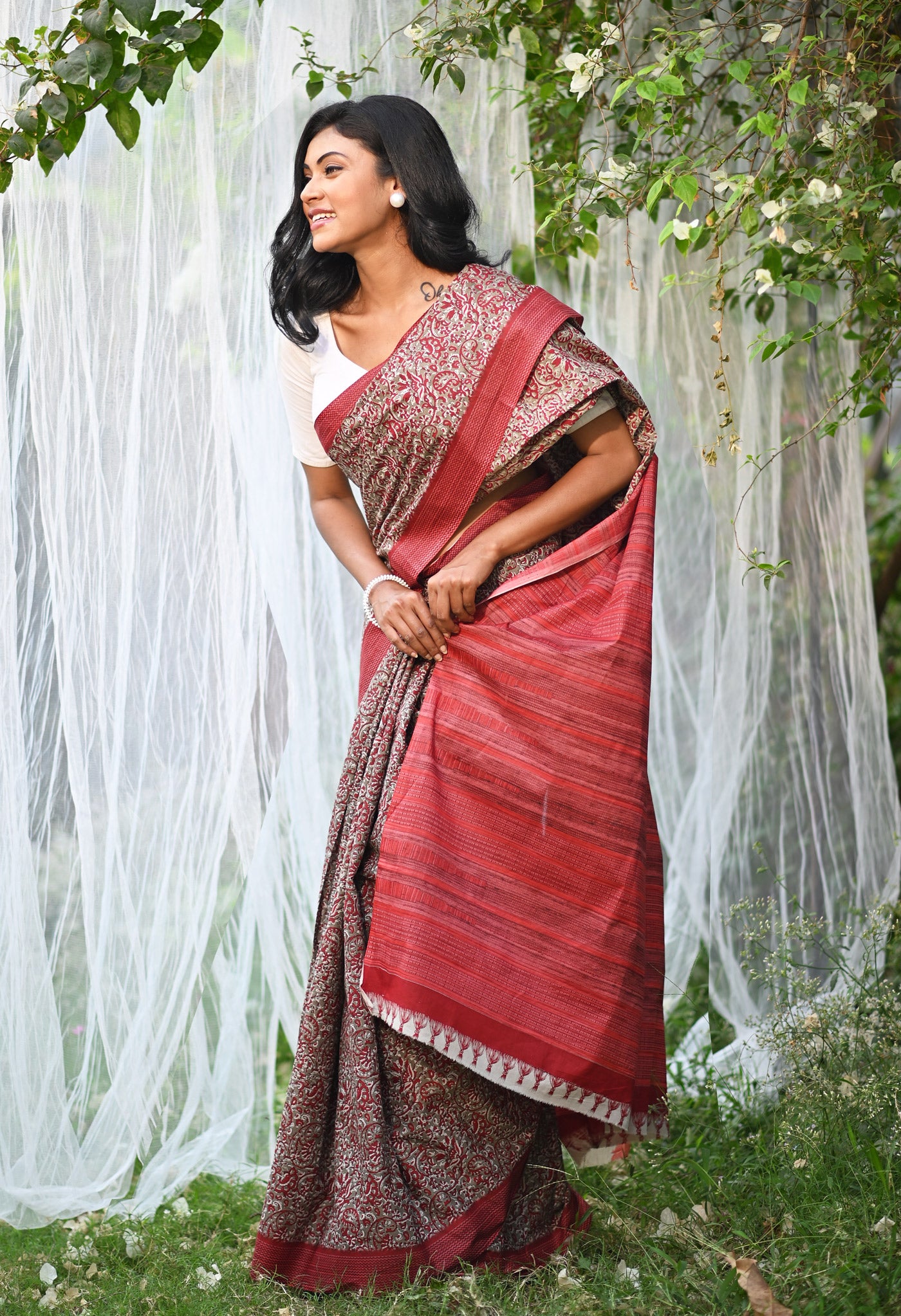 Brown-Red Pure Hand Block Printed Soft Cotton Saree-UNM79349