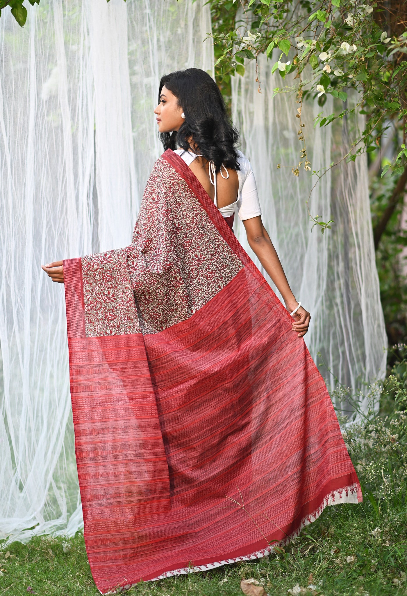 Brown-Red Pure Hand Block Printed Soft Cotton Saree-UNM79349