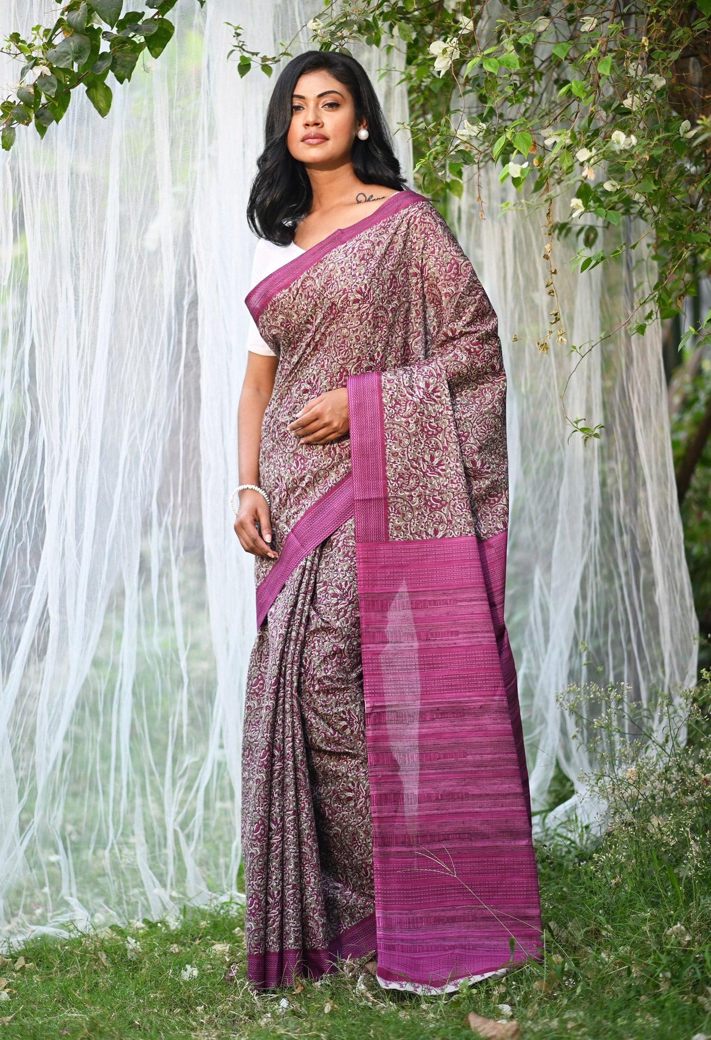 Brown-Pink Pure Hand Block Printed Soft Cotton Saree-UNM79350