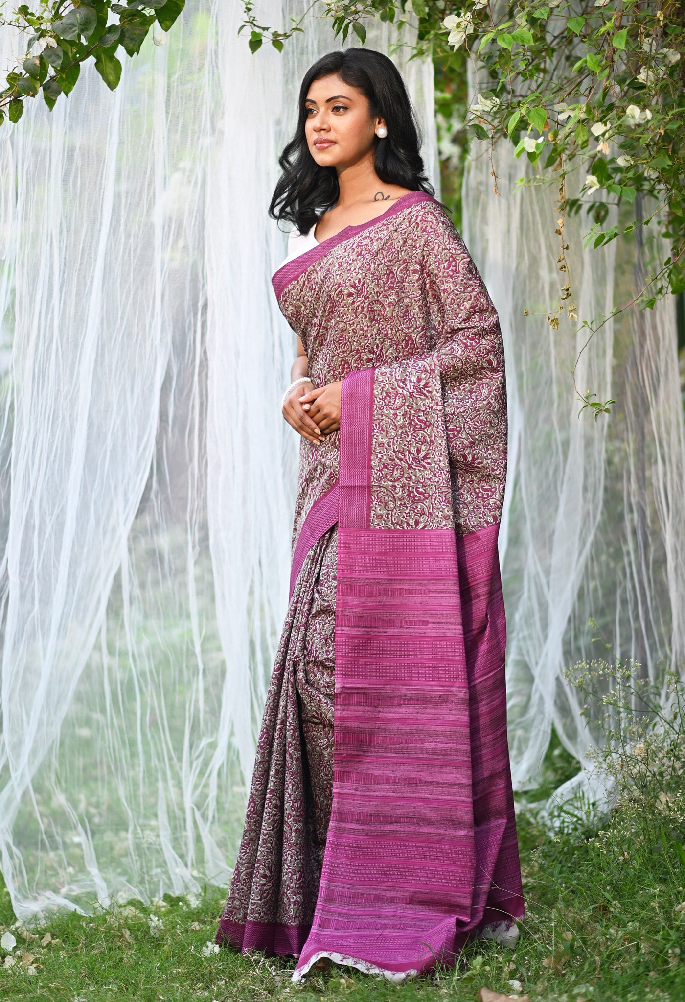 Brown-Pink Pure Hand Block Printed Soft Cotton Saree-UNM79350