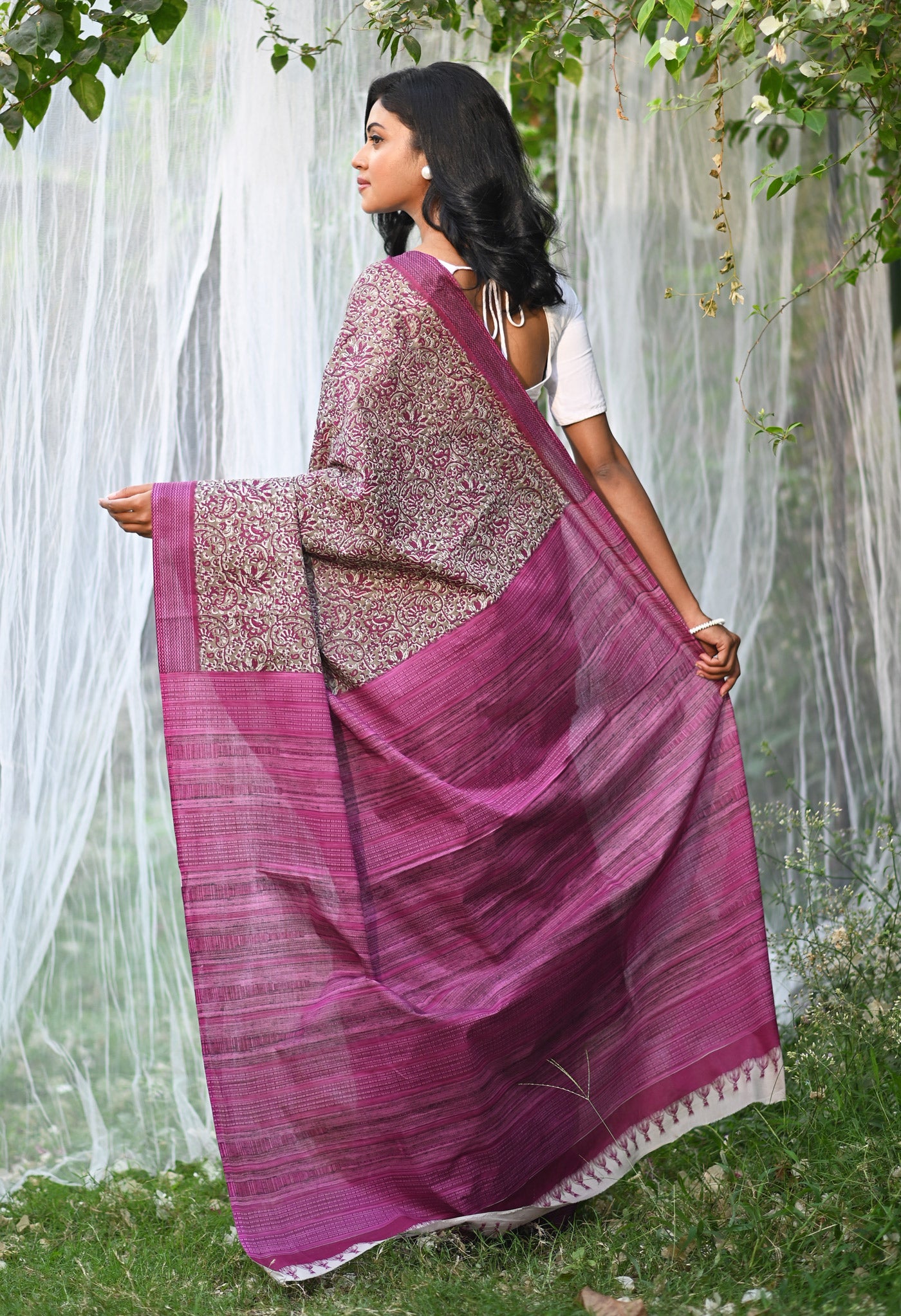 Brown-Pink Pure Hand Block Printed Soft Cotton Saree-UNM79350