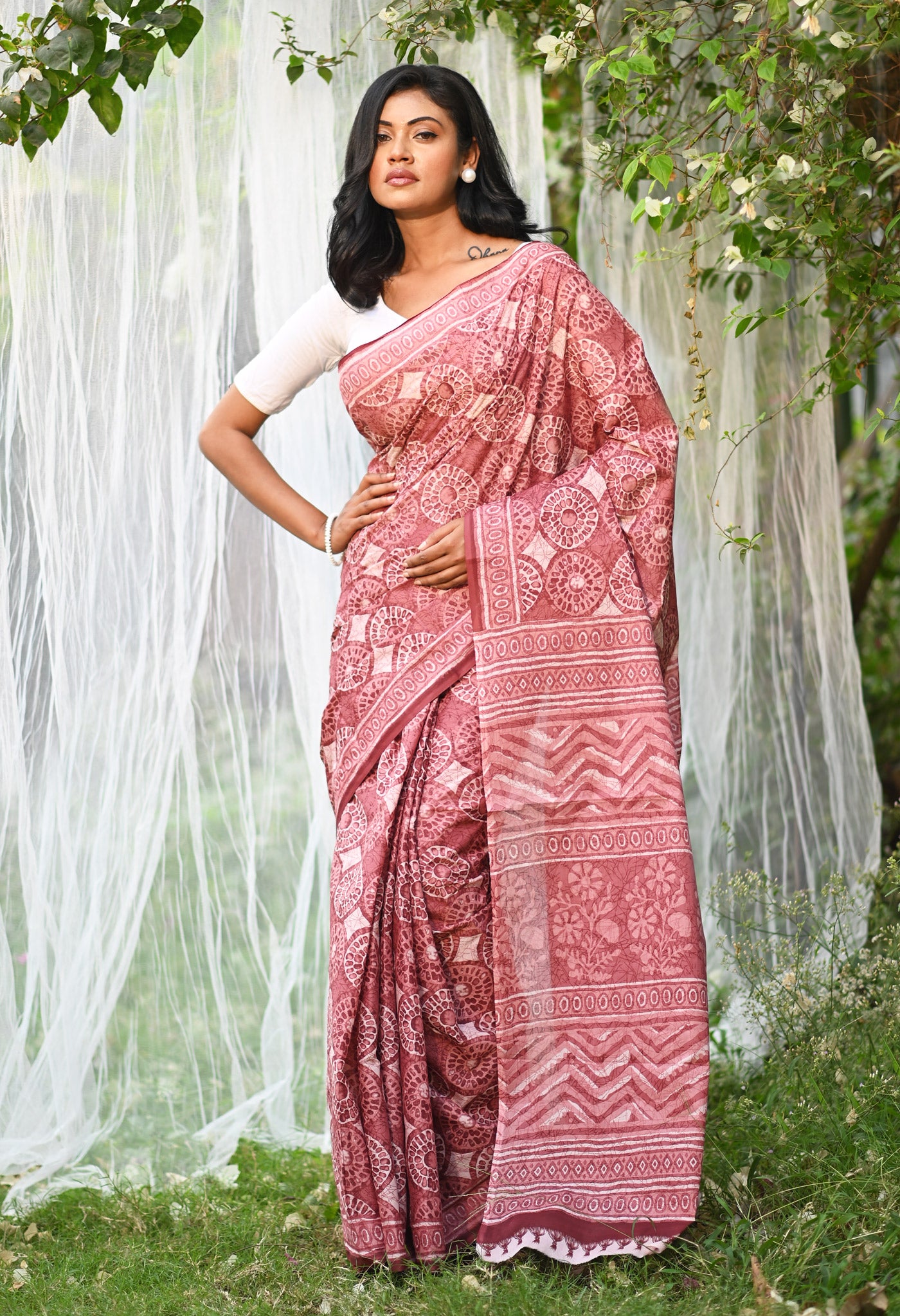 Pink Pure Hand Block Printed Soft Cotton Saree-UNM79355