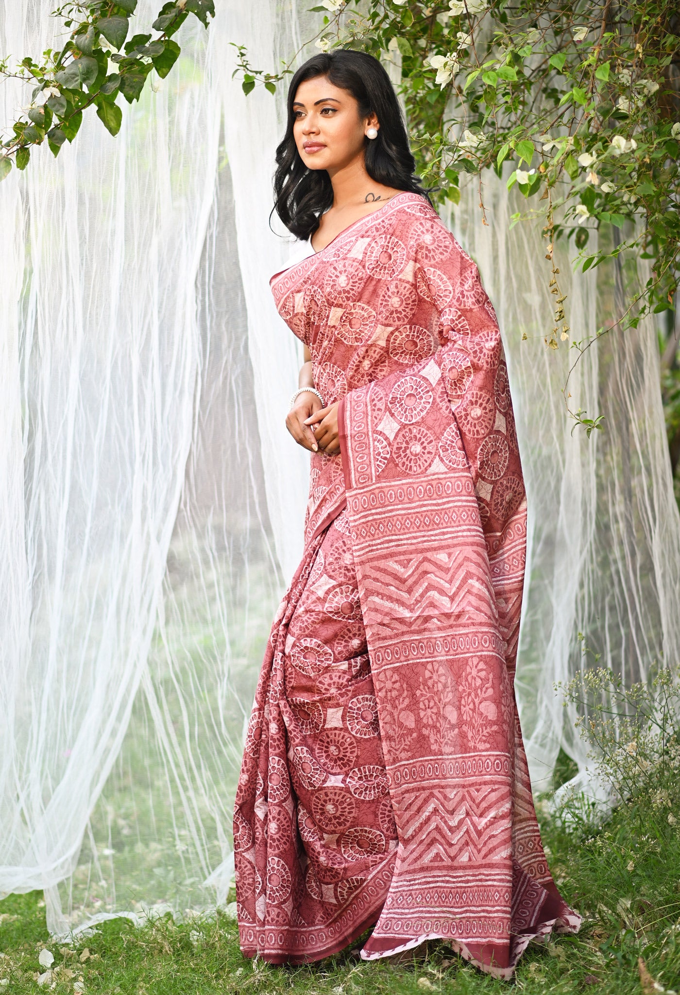 Pink Pure Hand Block Printed Soft Cotton Saree-UNM79355