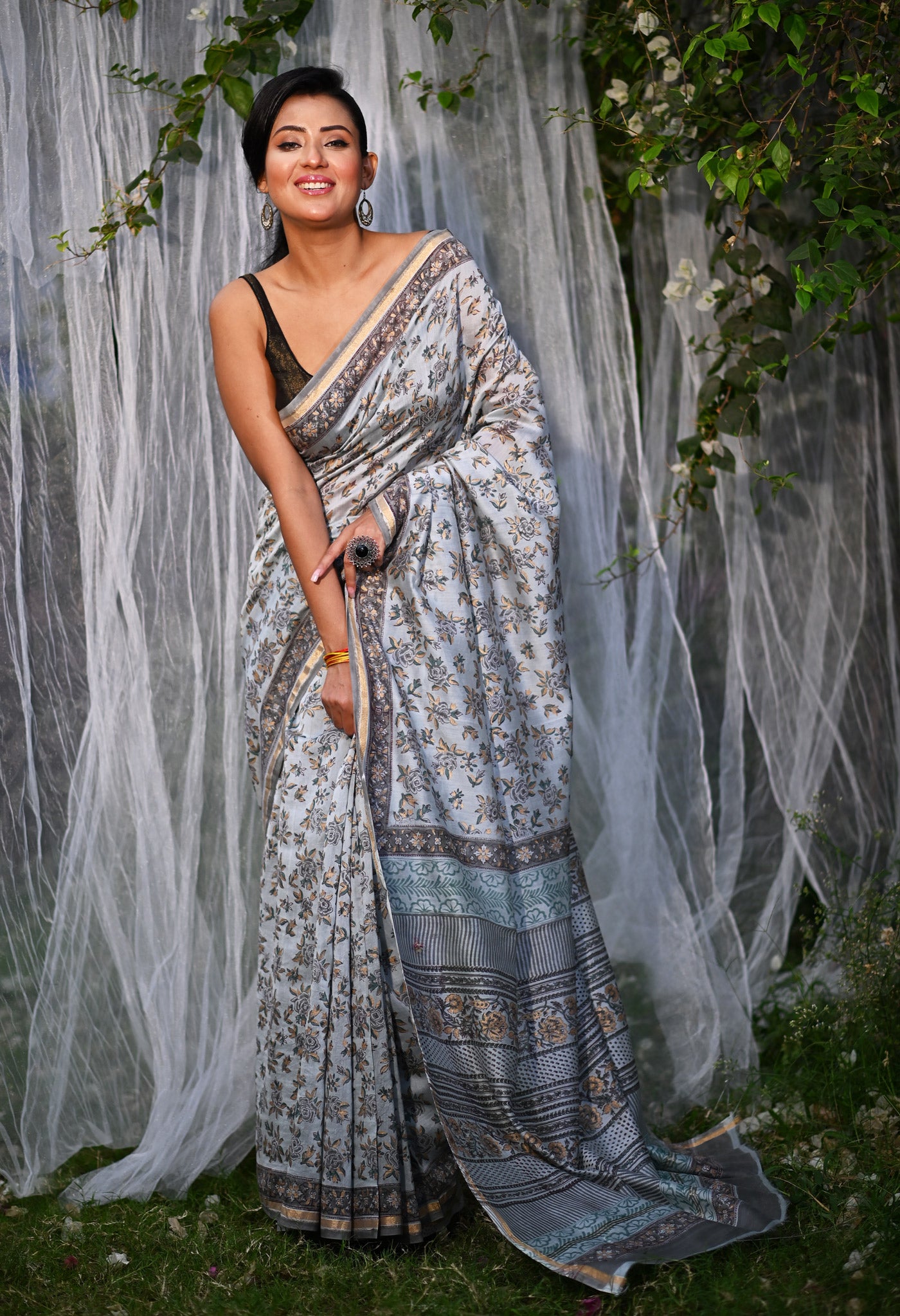 Grey Pure Hand Block Printed Chanderi Sico Saree-UNM79360