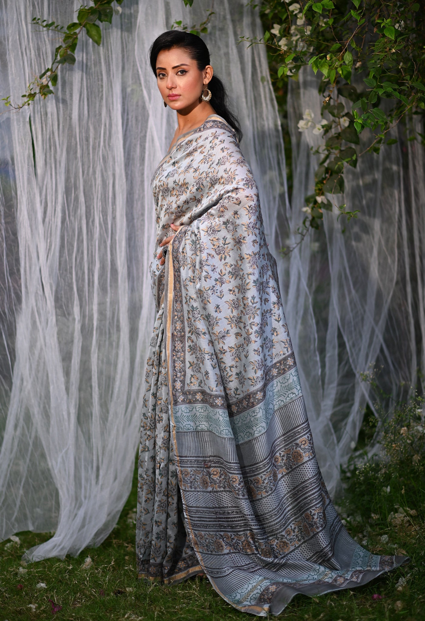 Grey Pure Hand Block Printed Chanderi Sico Saree-UNM79360