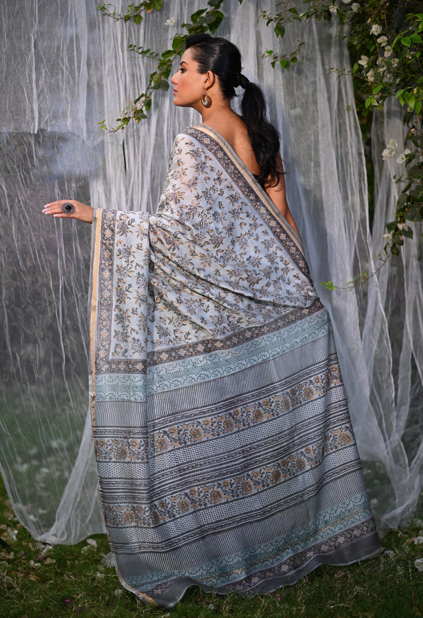 Grey Pure Hand Block Printed Chanderi Sico Saree-UNM79360