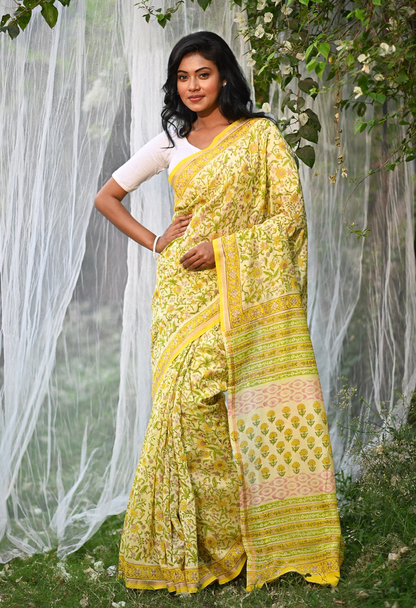 Yellow Pure Hand Block Printed Chanderi Sico Saree-UNM79361