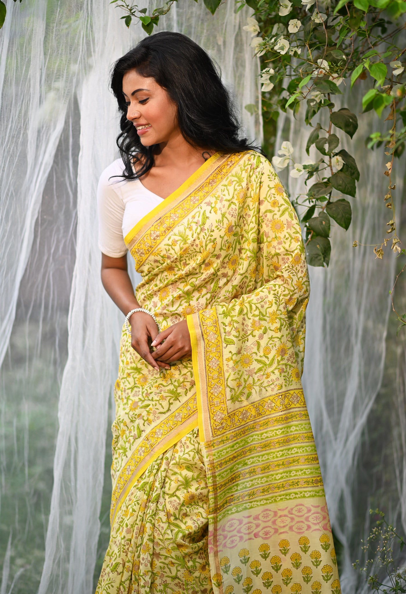 Yellow Pure Hand Block Printed Chanderi Sico Saree-UNM79361