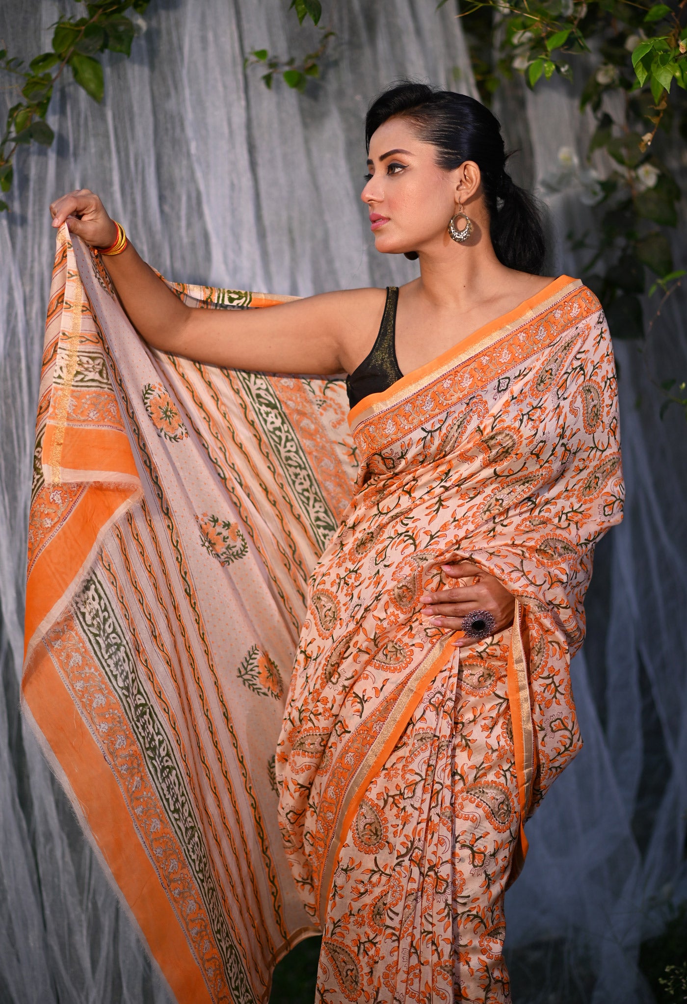 Orange Pure Hand Block Printed Chanderi Sico Saree-UNM79362