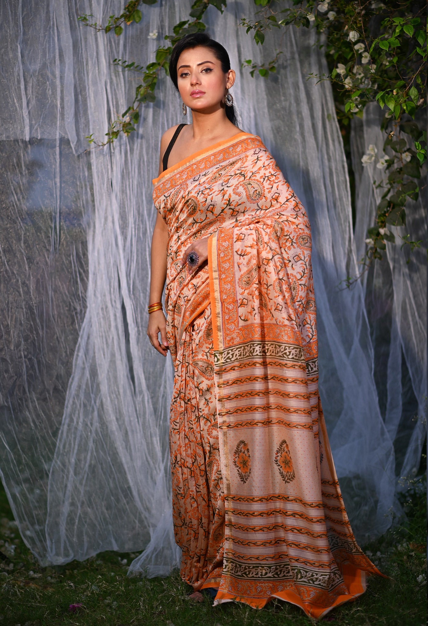 Orange Pure Hand Block Printed Chanderi Sico Saree-UNM79362