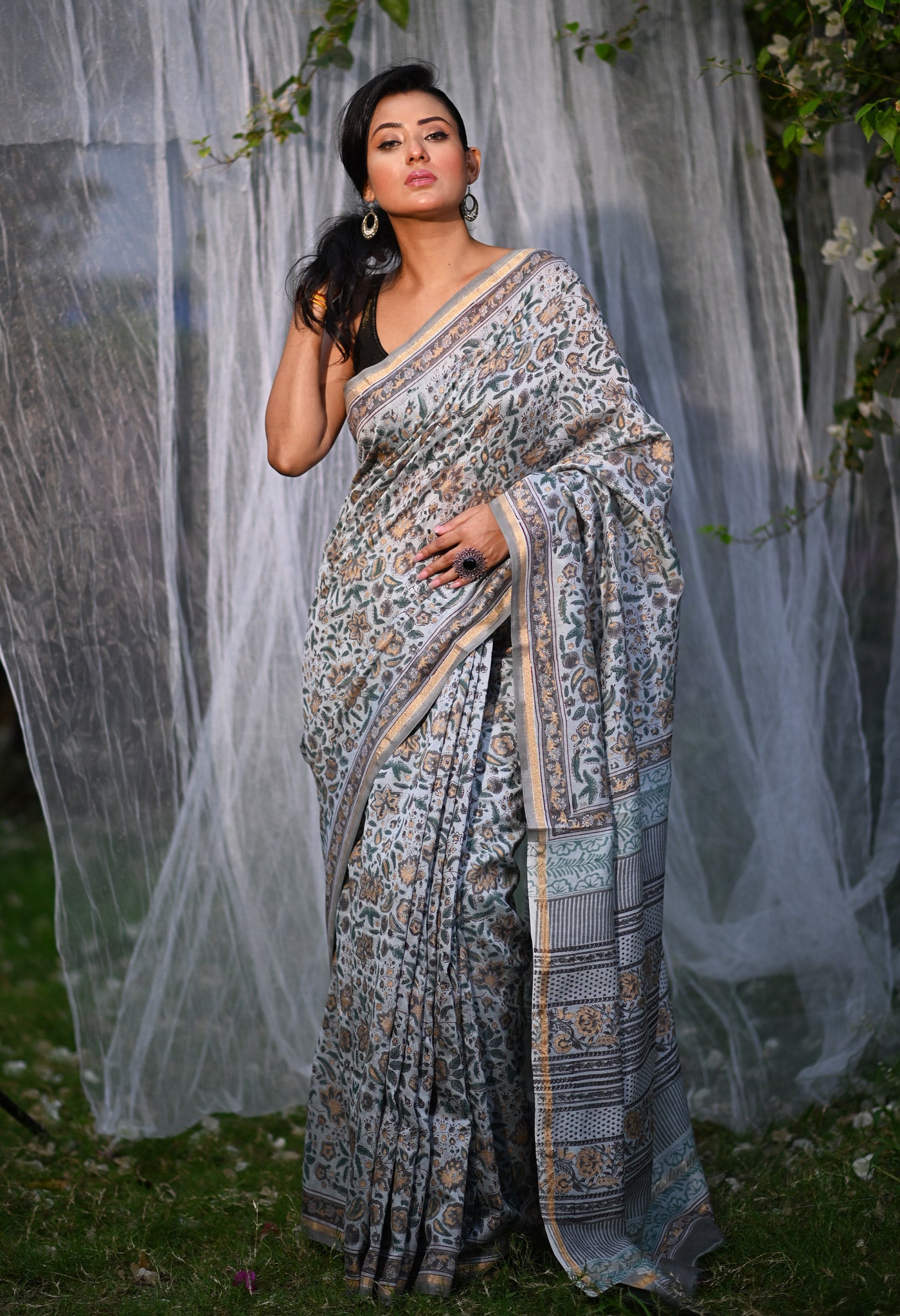 Grey Pure Hand Block Printed Chanderi Sico Saree-UNM79363