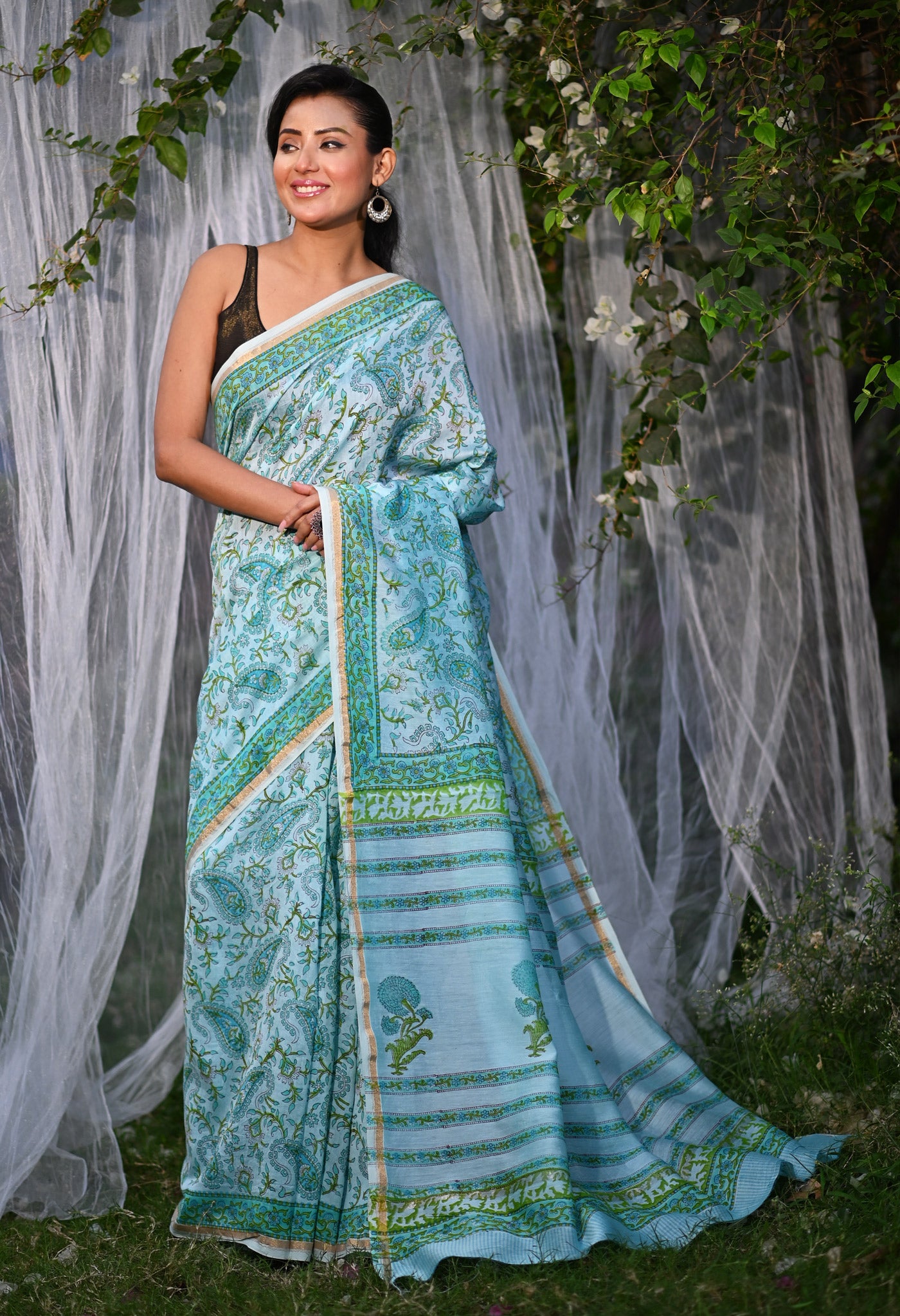 Turquoise Green Pure Hand Block Printed Chanderi Sico Saree-UNM79372