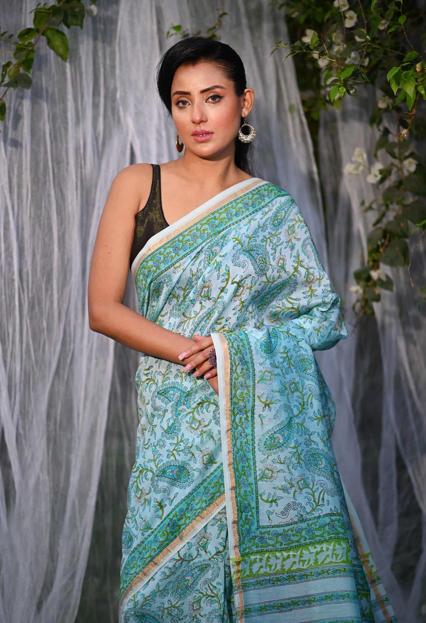 Turquoise Green Pure Hand Block Printed Chanderi Sico Saree-UNM79372