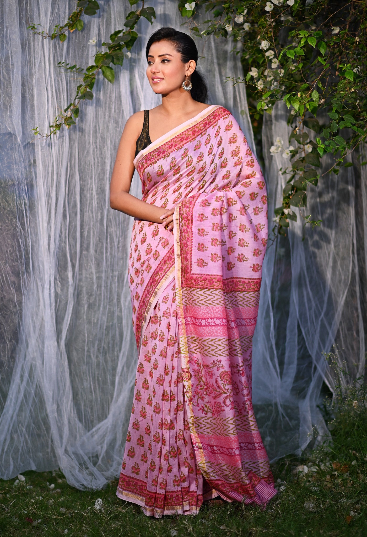 Pink Pure Hand Block Printed Chanderi Sico Saree-UNM79373