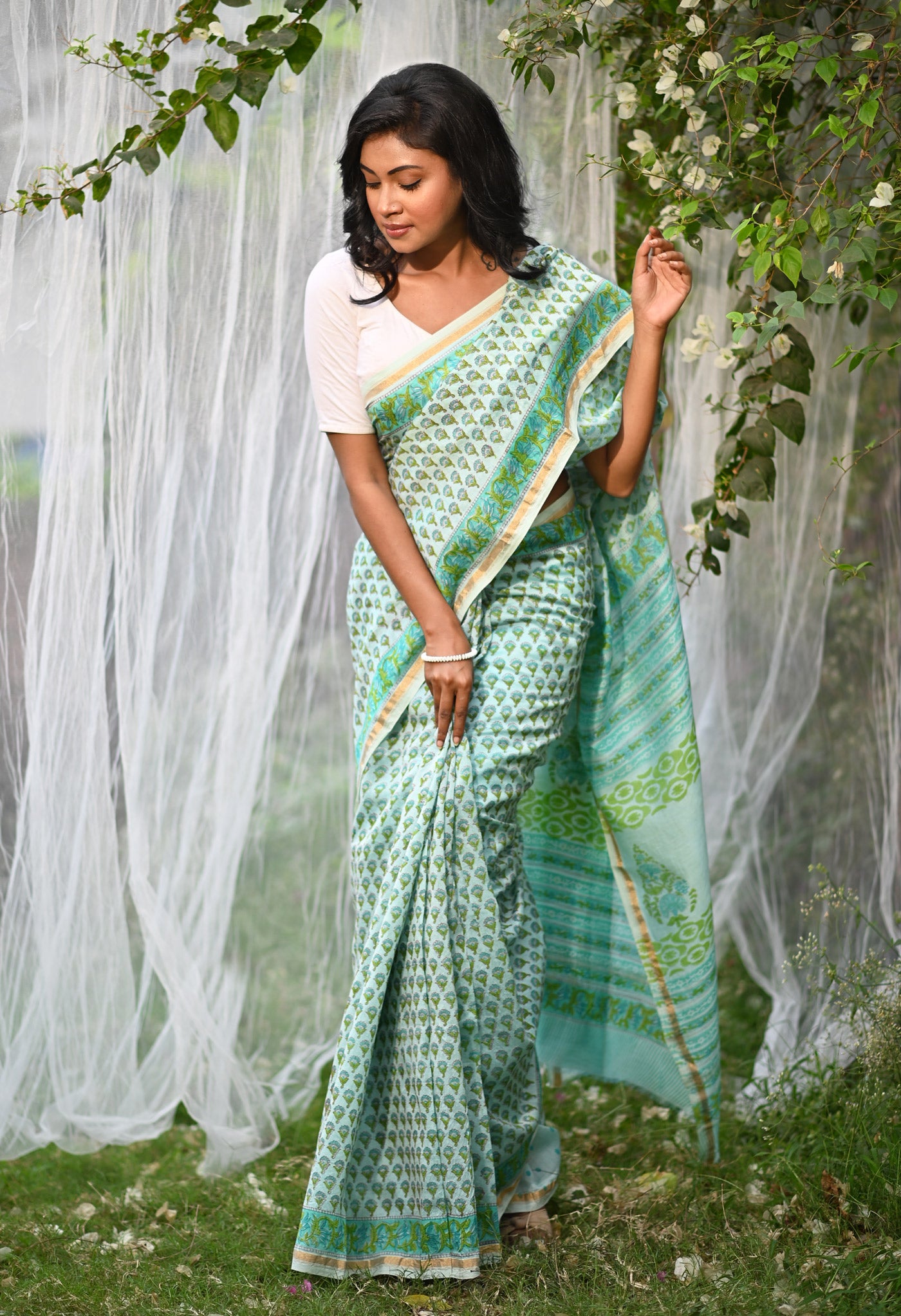 Turquoise Green Pure Hand Block Printed Chanderi Sico Saree-UNM79374