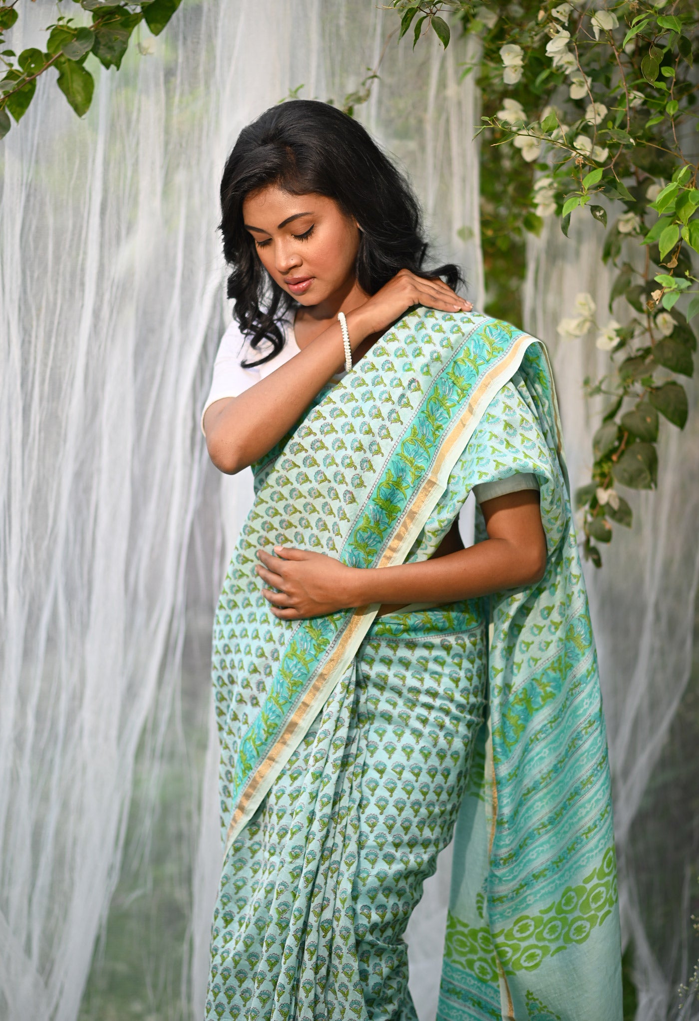 Turquoise Green Pure Hand Block Printed Chanderi Sico Saree-UNM79374