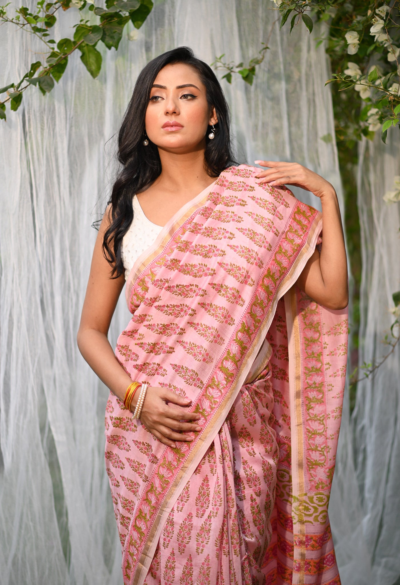 Pink Pure Hand Block Printed Chanderi Sico Saree-UNM79375