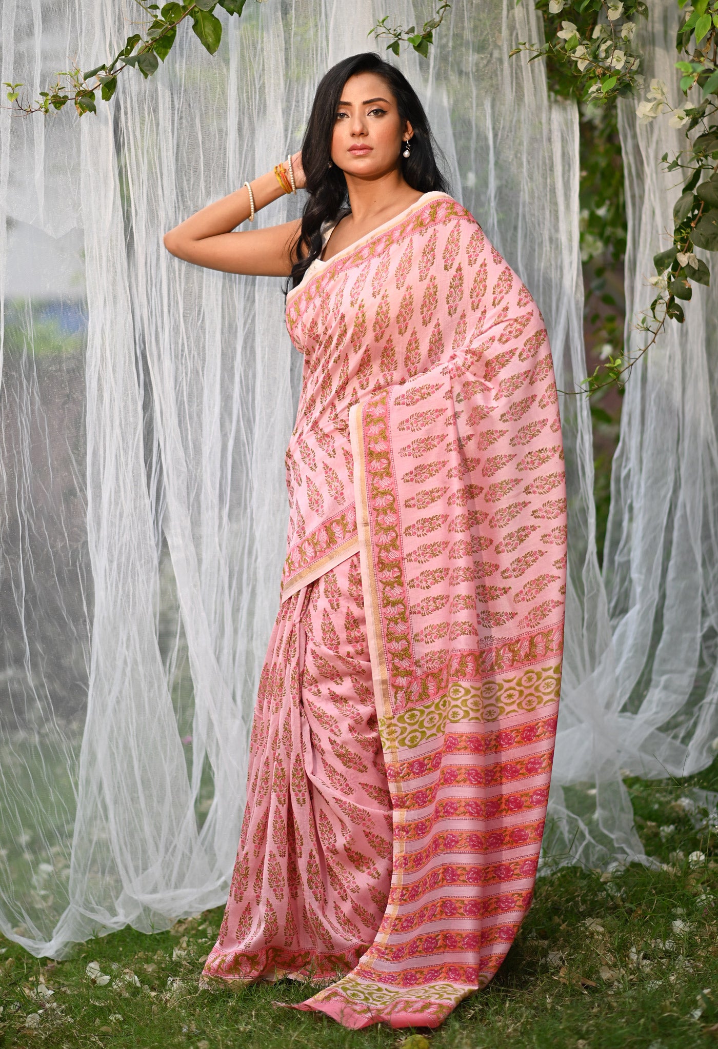 Pink Pure Hand Block Printed Chanderi Sico Saree-UNM79375