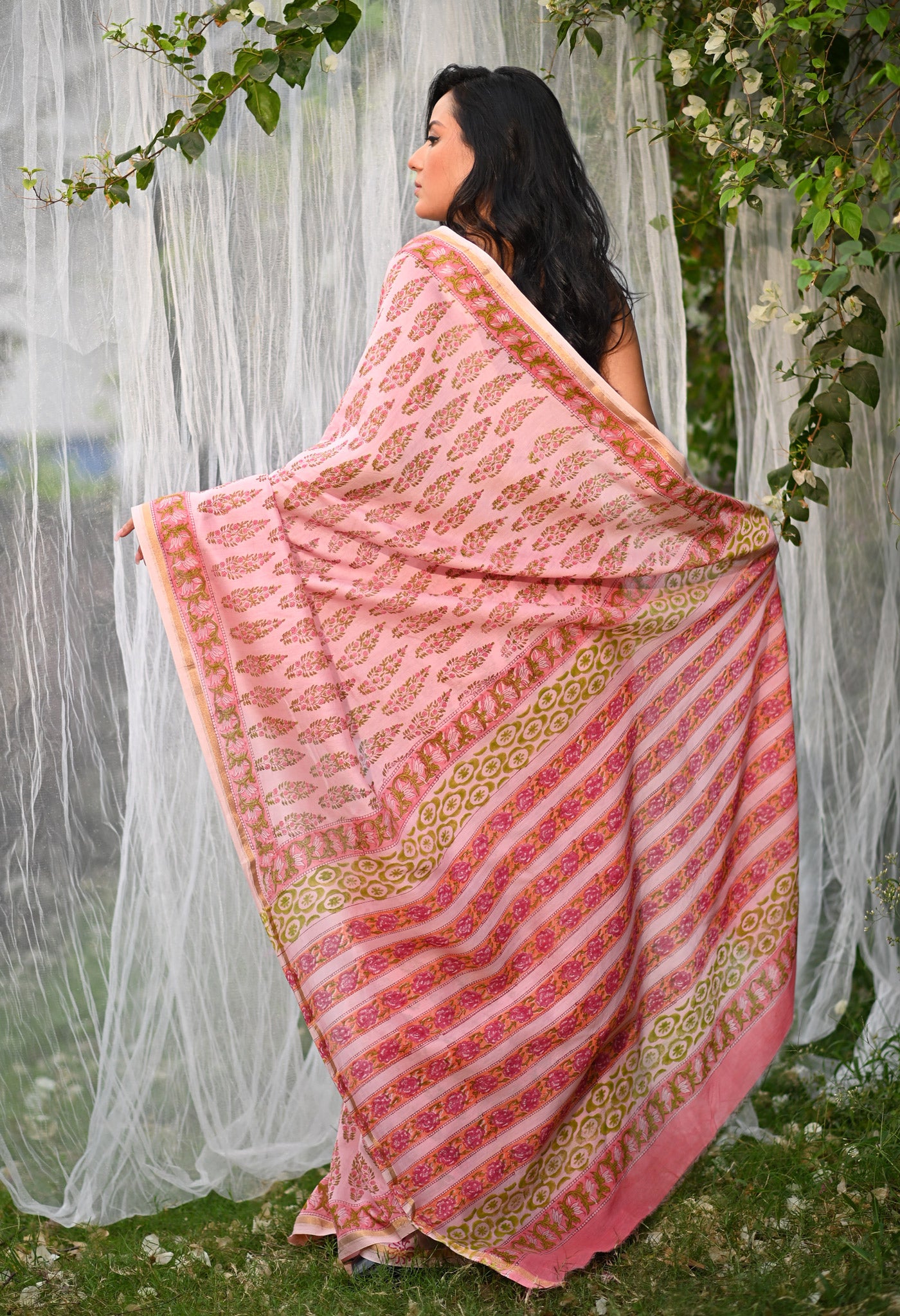 Pink Pure Hand Block Printed Chanderi Sico Saree-UNM79375