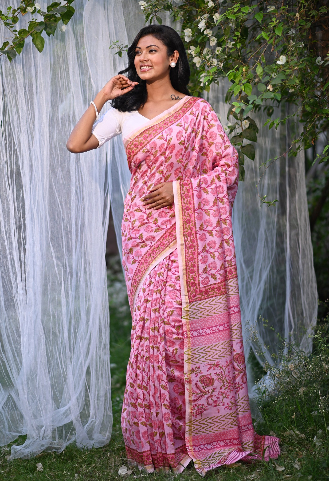 Pink Pure Hand Block Printed Chanderi Sico Saree-UNM79377