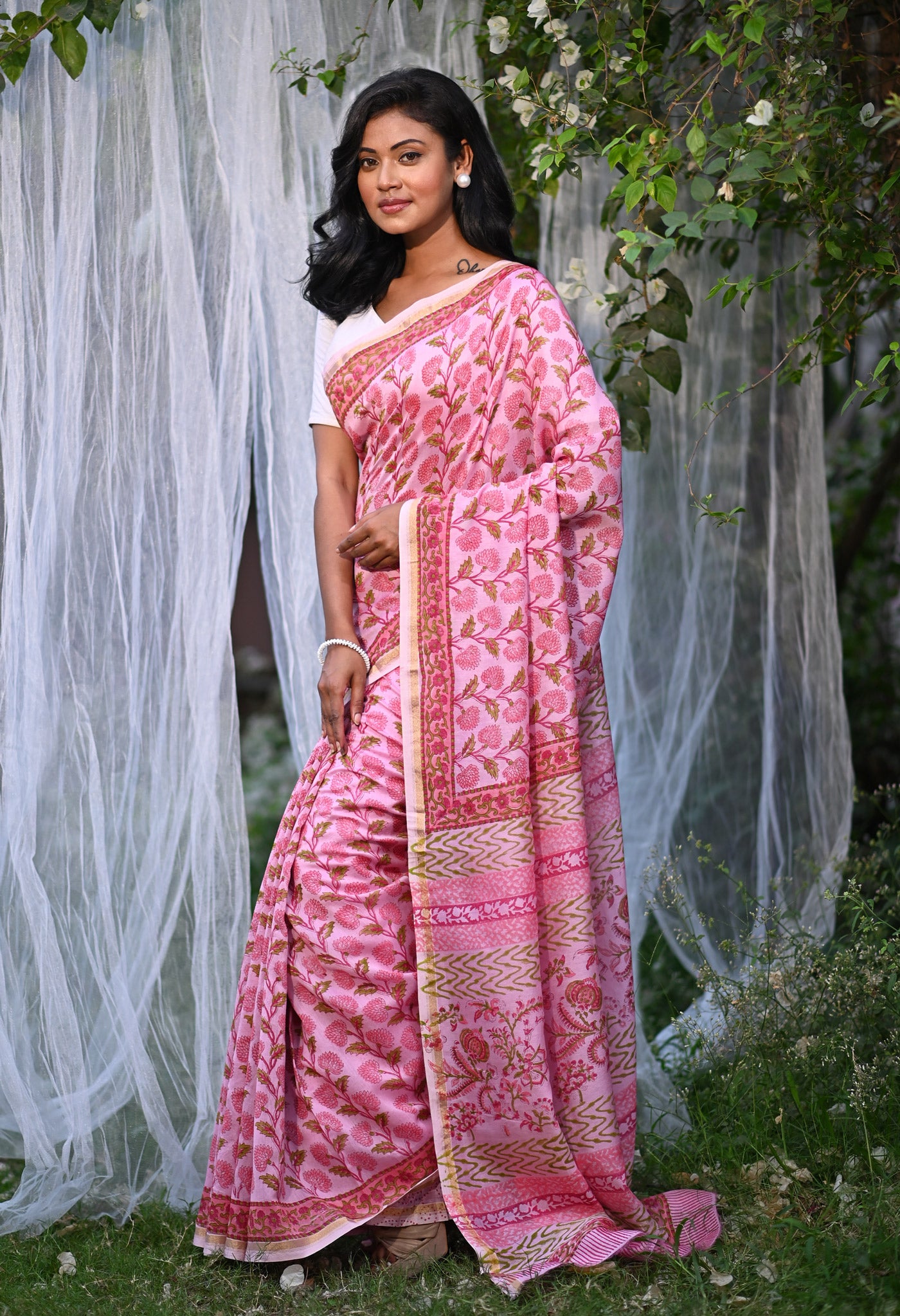 Pink Pure Hand Block Printed Chanderi Sico Saree-UNM79377