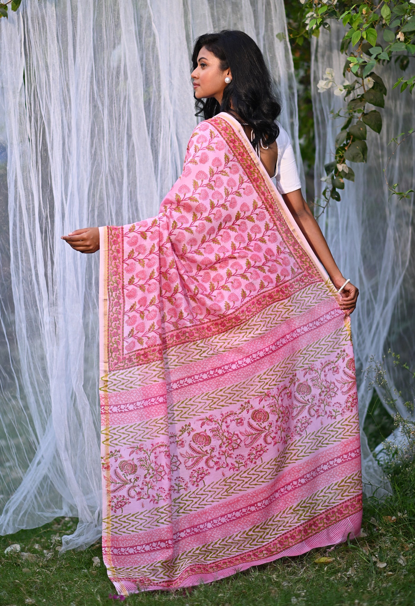 Pink Pure Hand Block Printed Chanderi Sico Saree-UNM79377