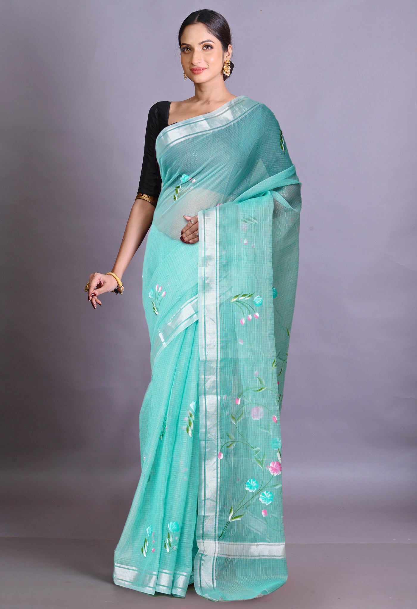 Turquoise Green Pure Hand Painted Kota Saree-UNM79381