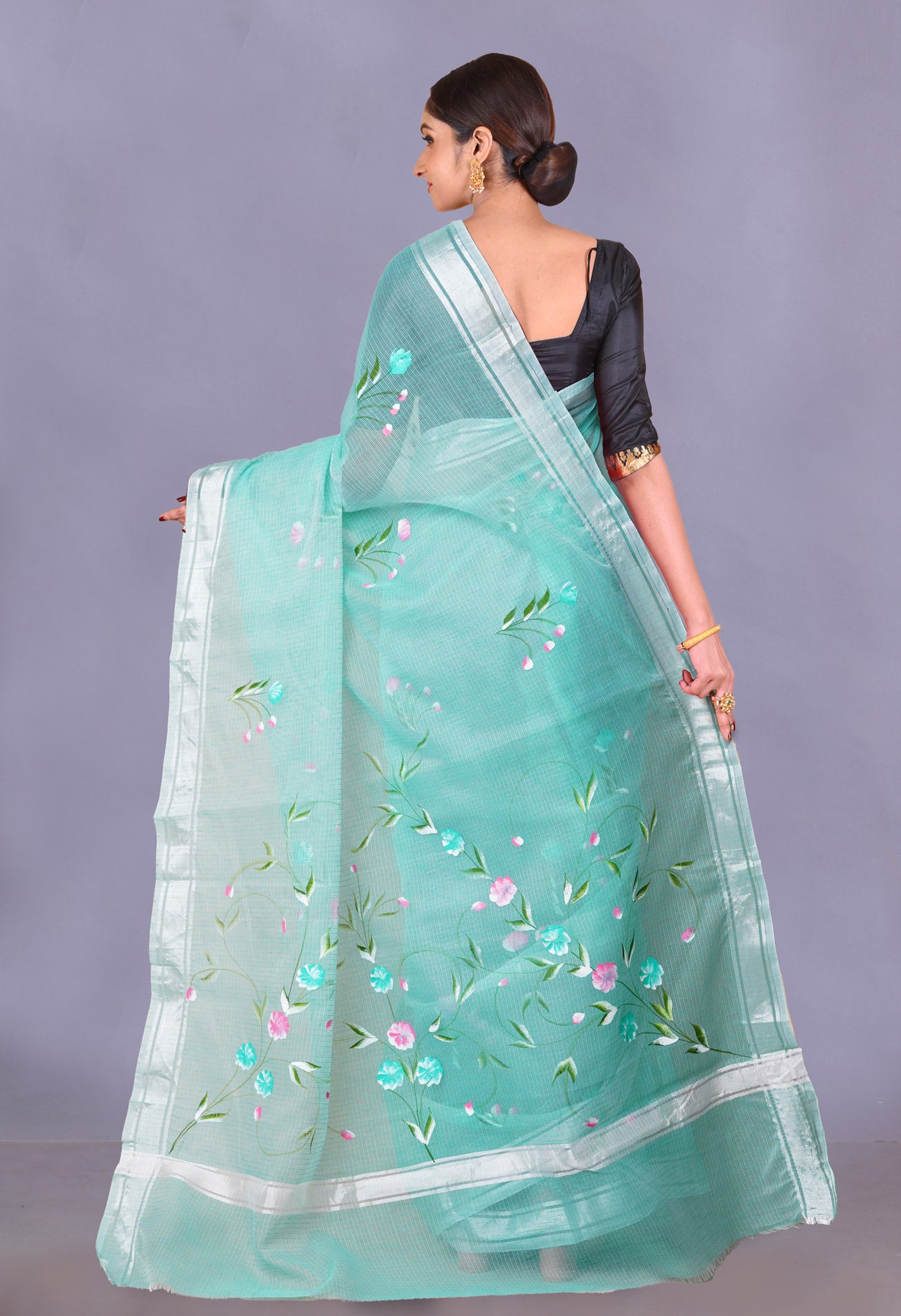 Turquoise Green Pure Hand Painted Kota Saree-UNM79381