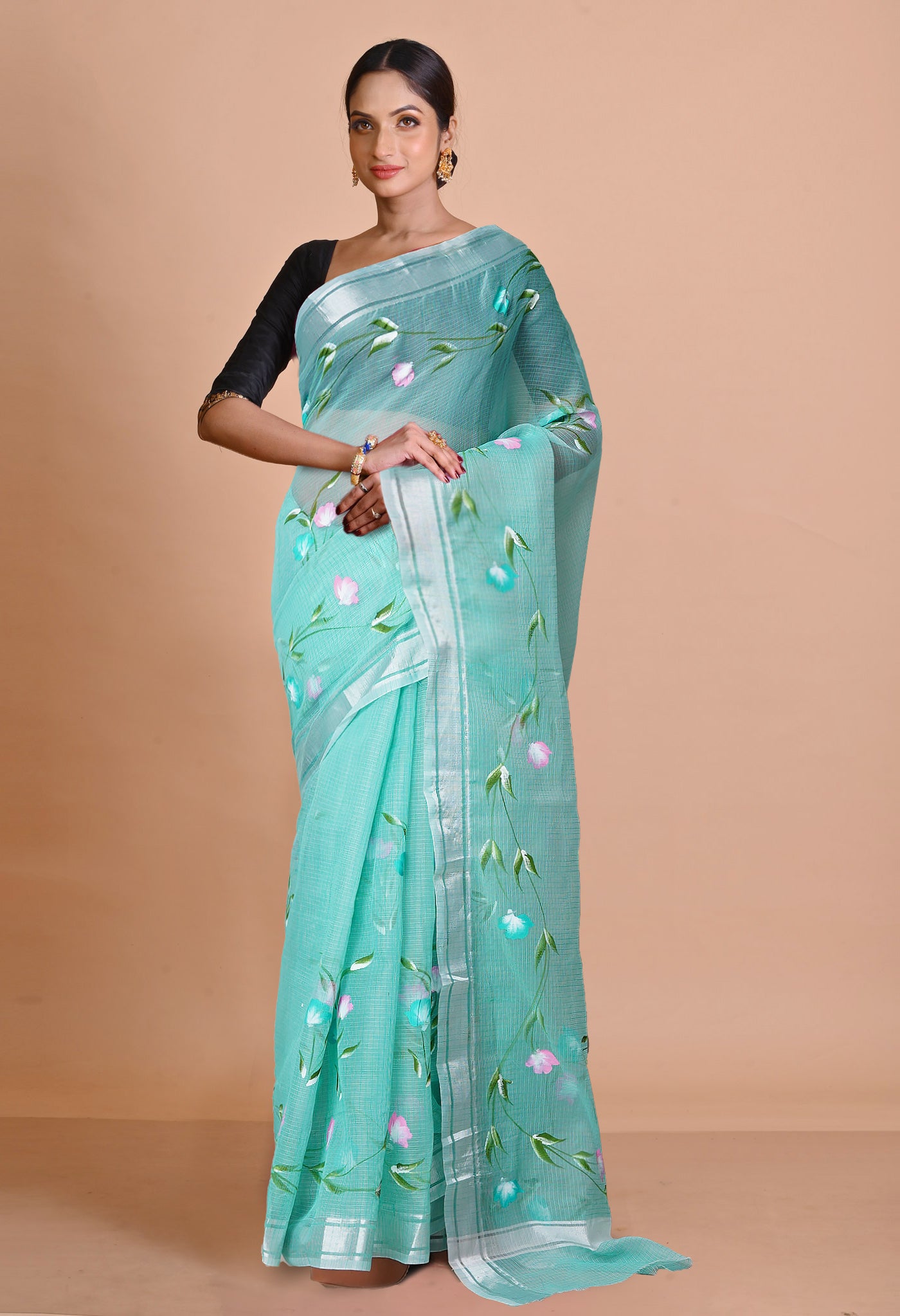 Turquoise Green Pure Hand Painted Kota Saree-UNM79384