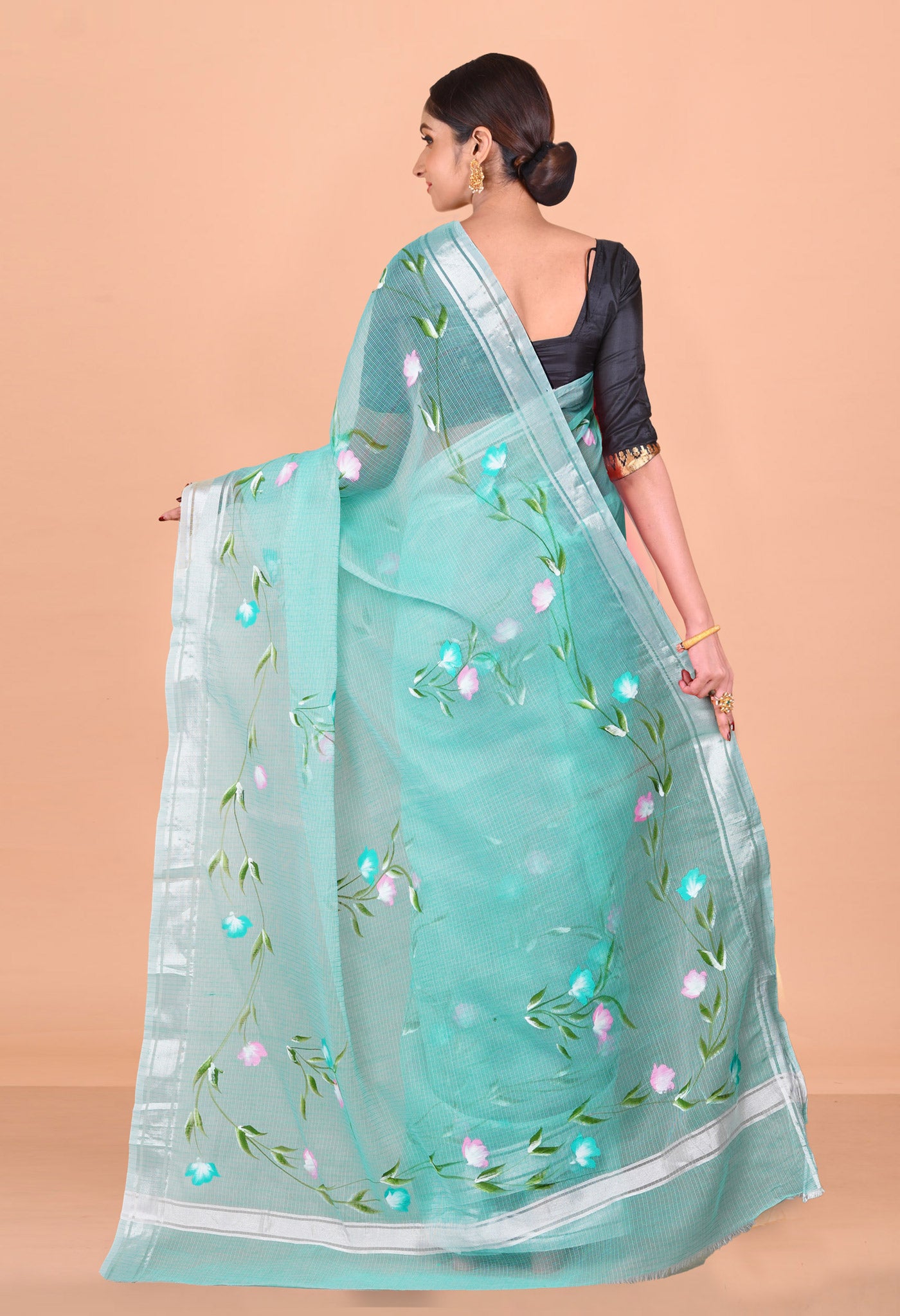 Turquoise Green Pure Hand Painted Kota Saree-UNM79384