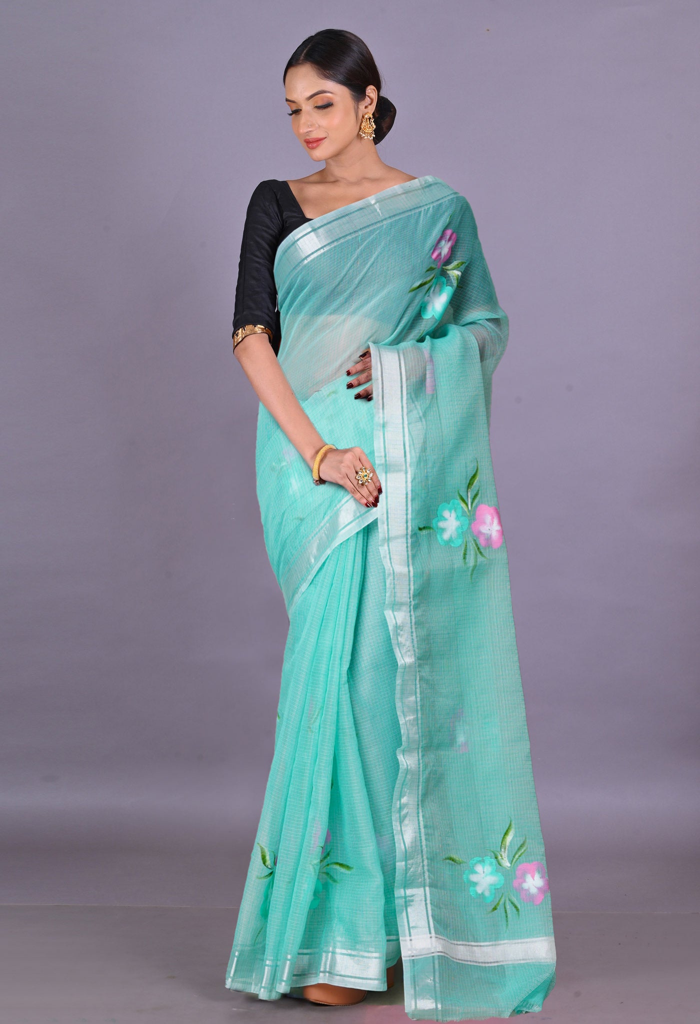 Turquoise Green Pure Hand Painted Kota Saree-UNM79390