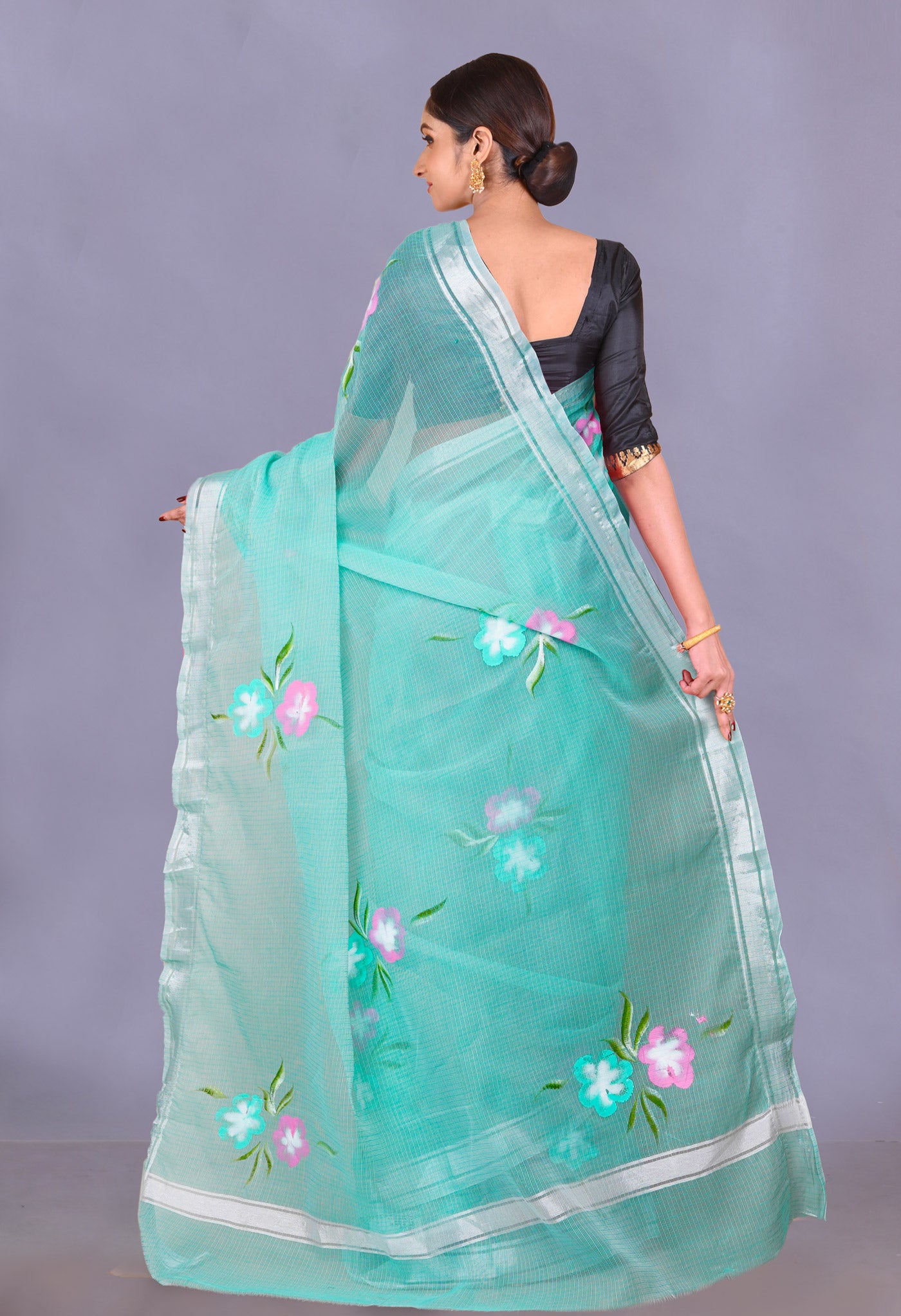 Turquoise Green Pure Hand Painted Kota Saree-UNM79390