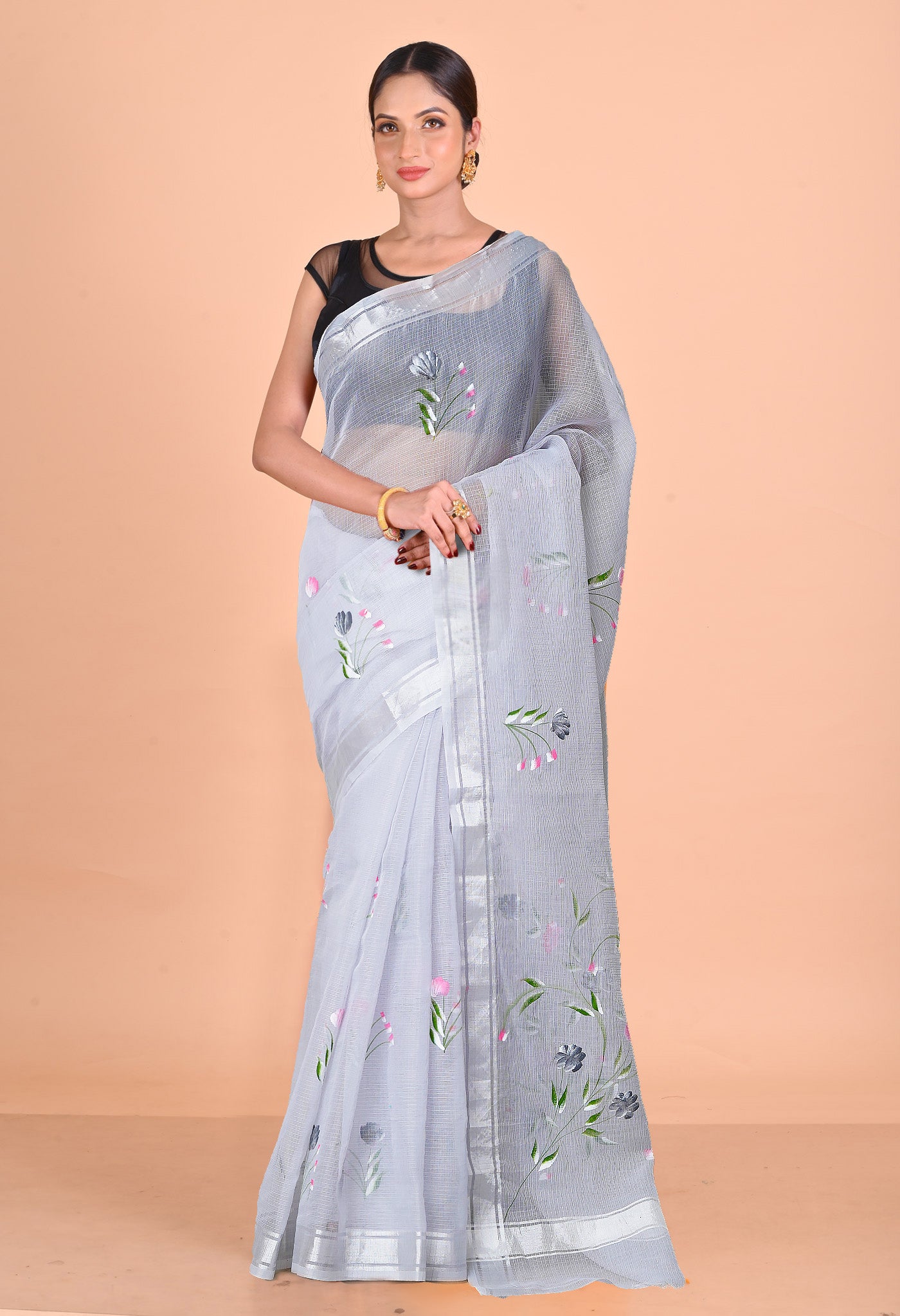 Grey Pure Hand Painted Kota Saree-UNM79393