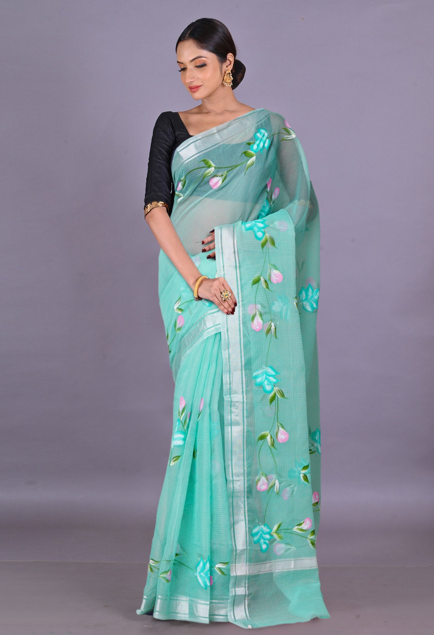 Turquoise Green Pure Hand Painted Kota Saree-UNM79394