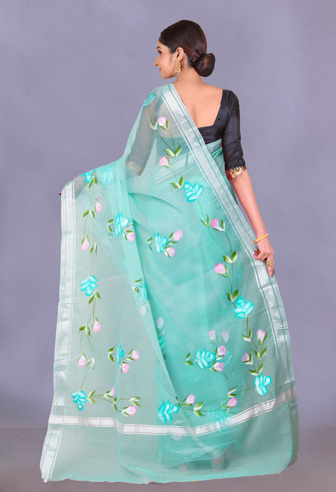 Turquoise Green Pure Hand Painted Kota Saree-UNM79394