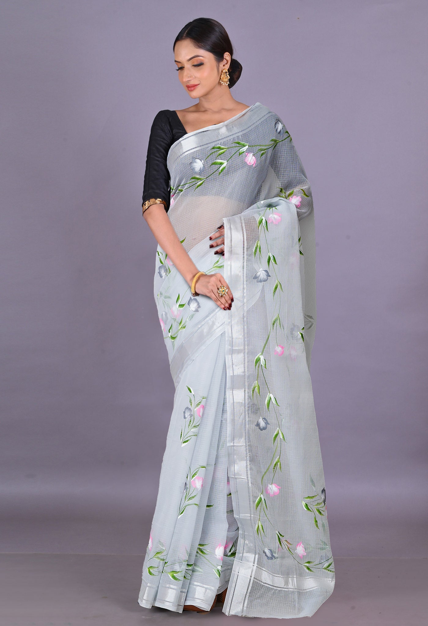 Grey Pure Hand Painted Kota Saree-UNM79395