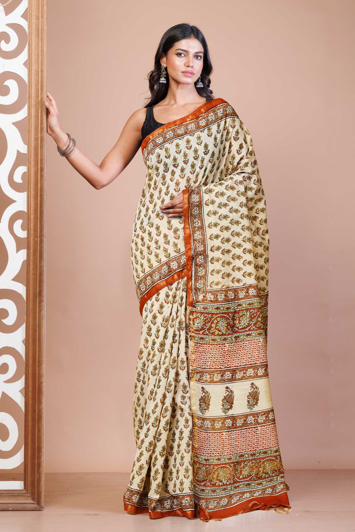 Cream Pure Bagru Printed Pashmina Sico Saree-UNM79414