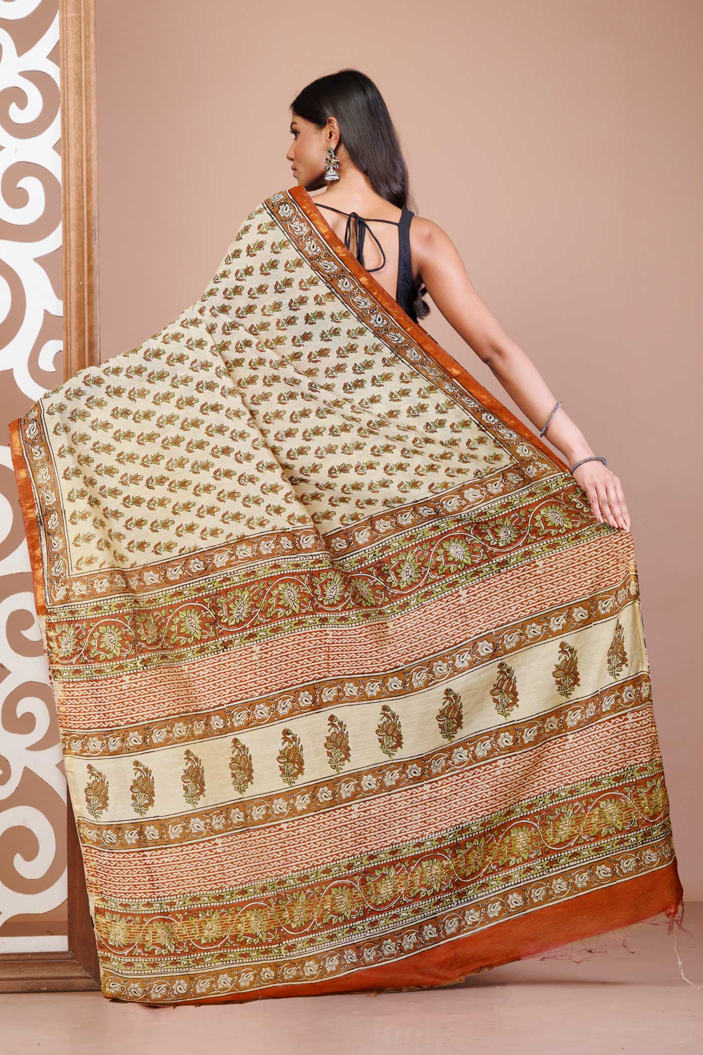 Cream Pure Bagru Printed Pashmina Sico Saree-UNM79414