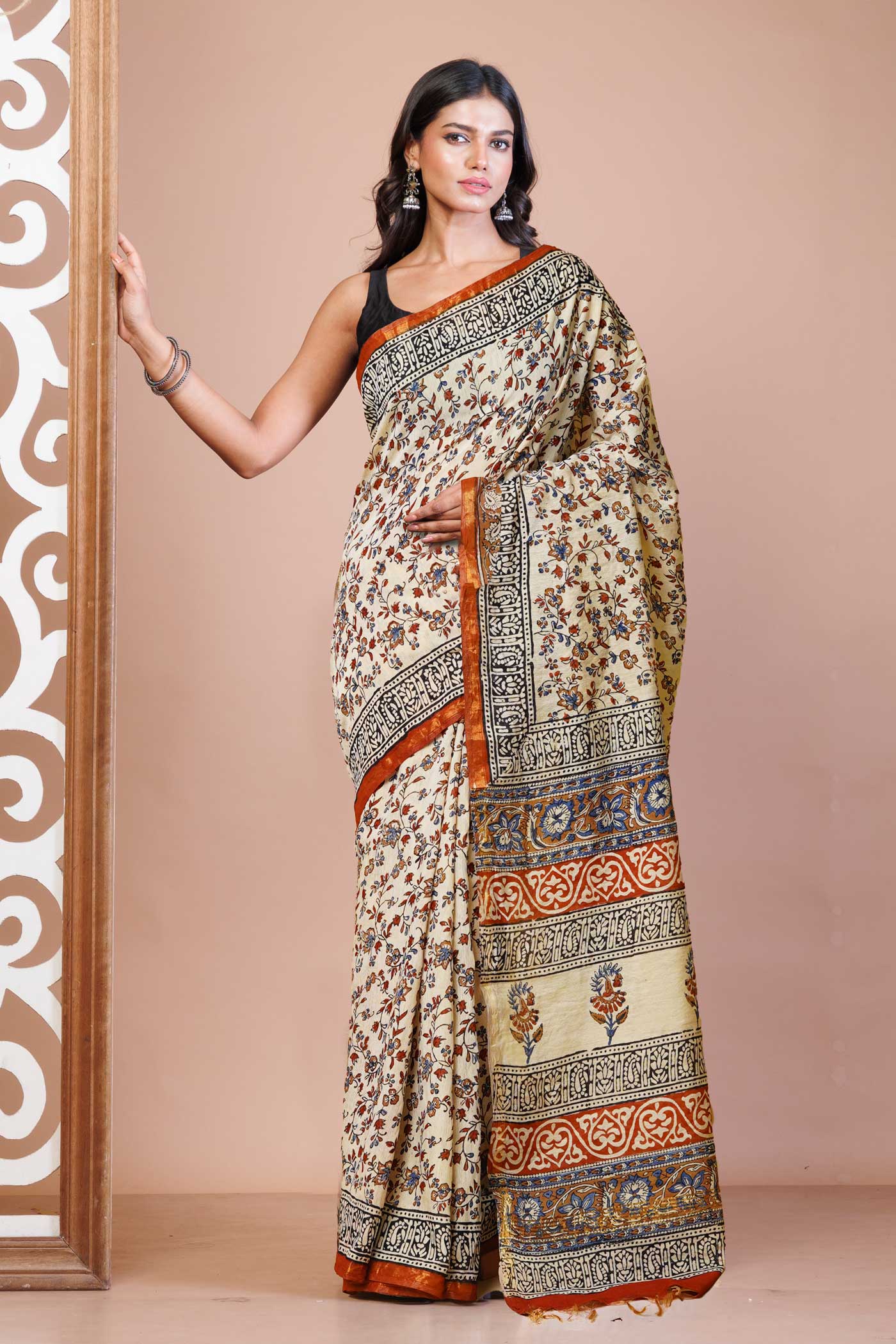 Cream Pure Bagru Printed Pashmina Sico Saree-UNM79417