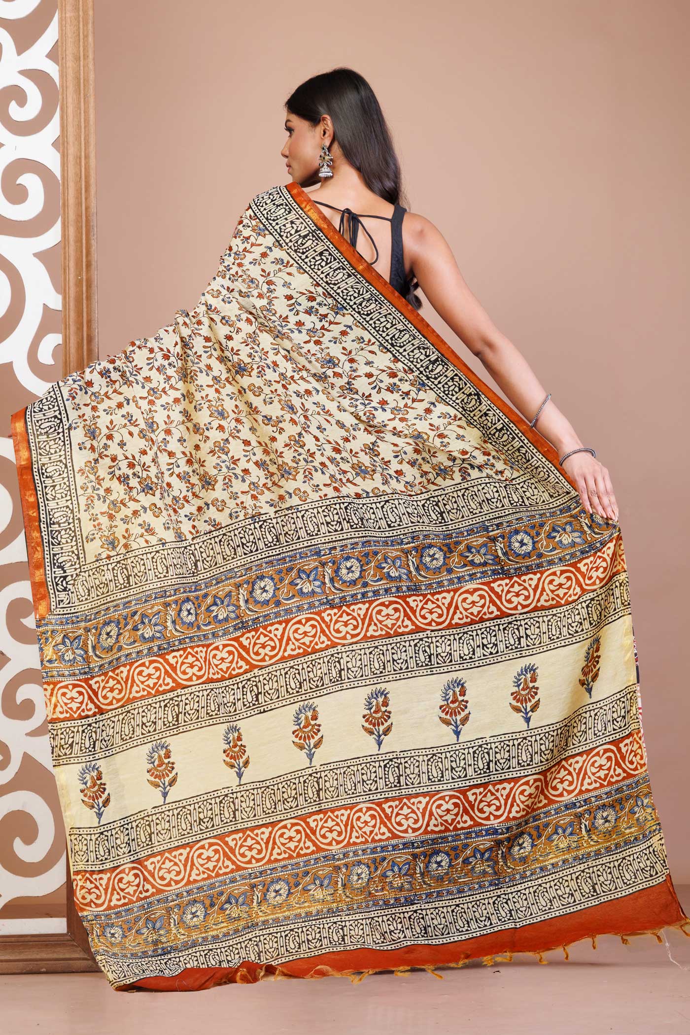 Cream Pure Bagru Printed Pashmina Sico Saree-UNM79417