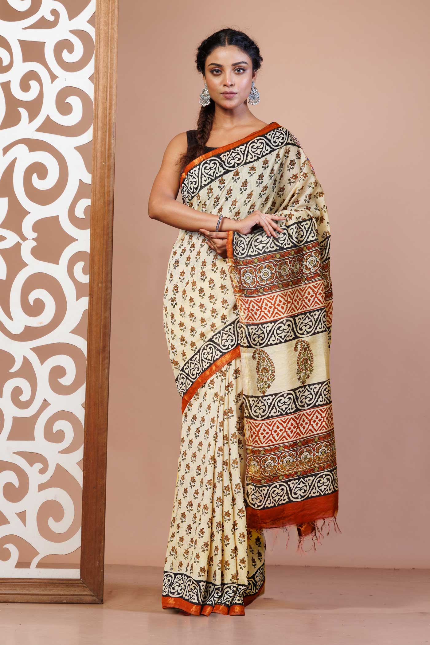 Cream Pure Bagru Printed Pashmina Sico Saree-UNM79418