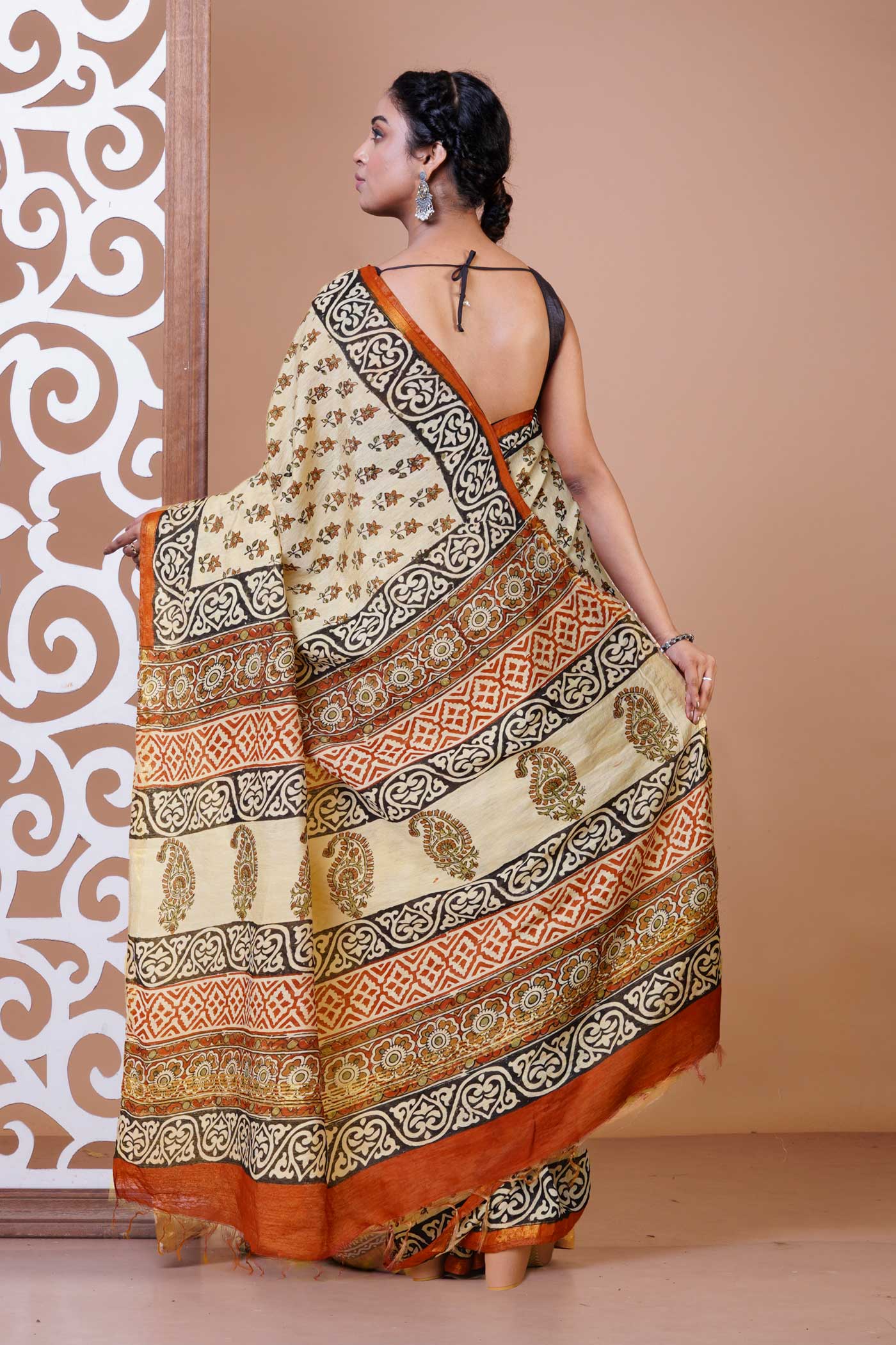 Cream Pure Bagru Printed Pashmina Sico Saree-UNM79418