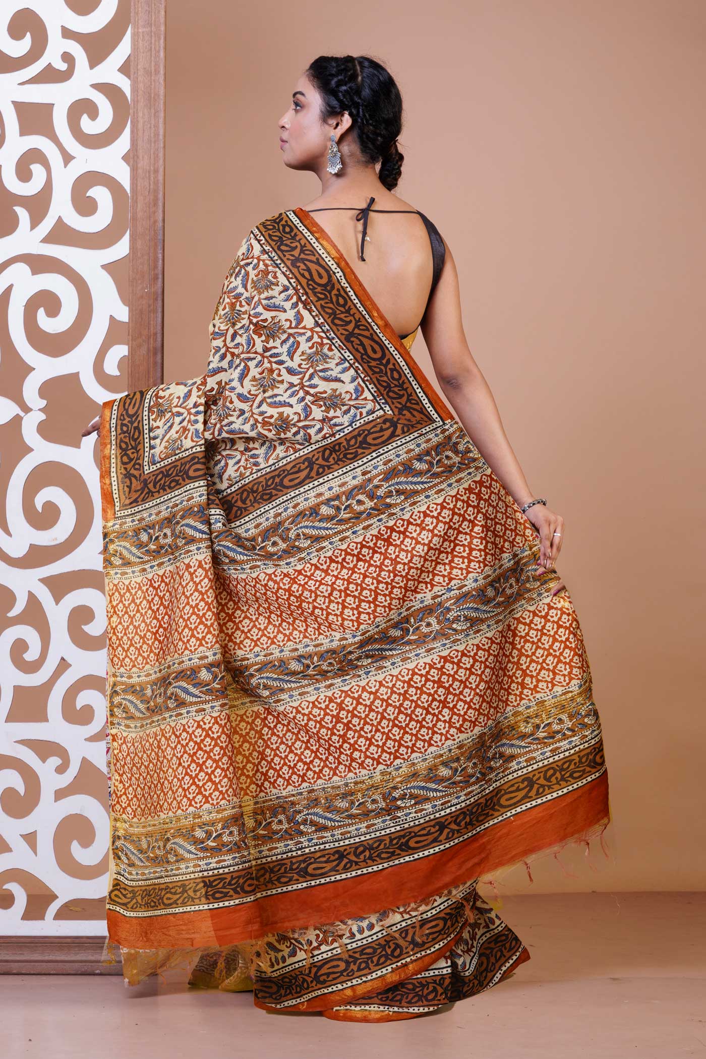 Cream Pure Bagru Printed Pashmina Sico Saree-UNM79420