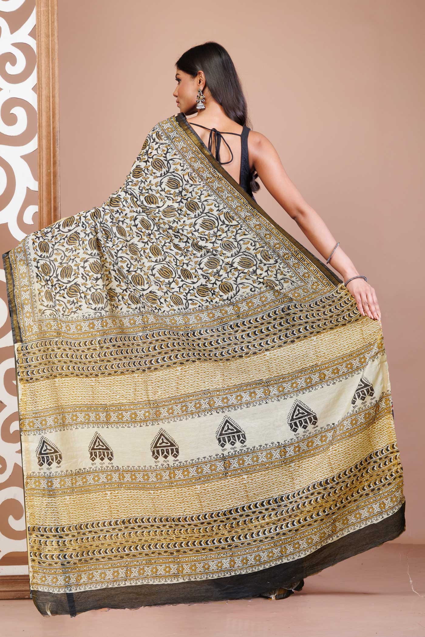 Cream Pure Bagru Printed Pashmina Sico Saree-UNM79421