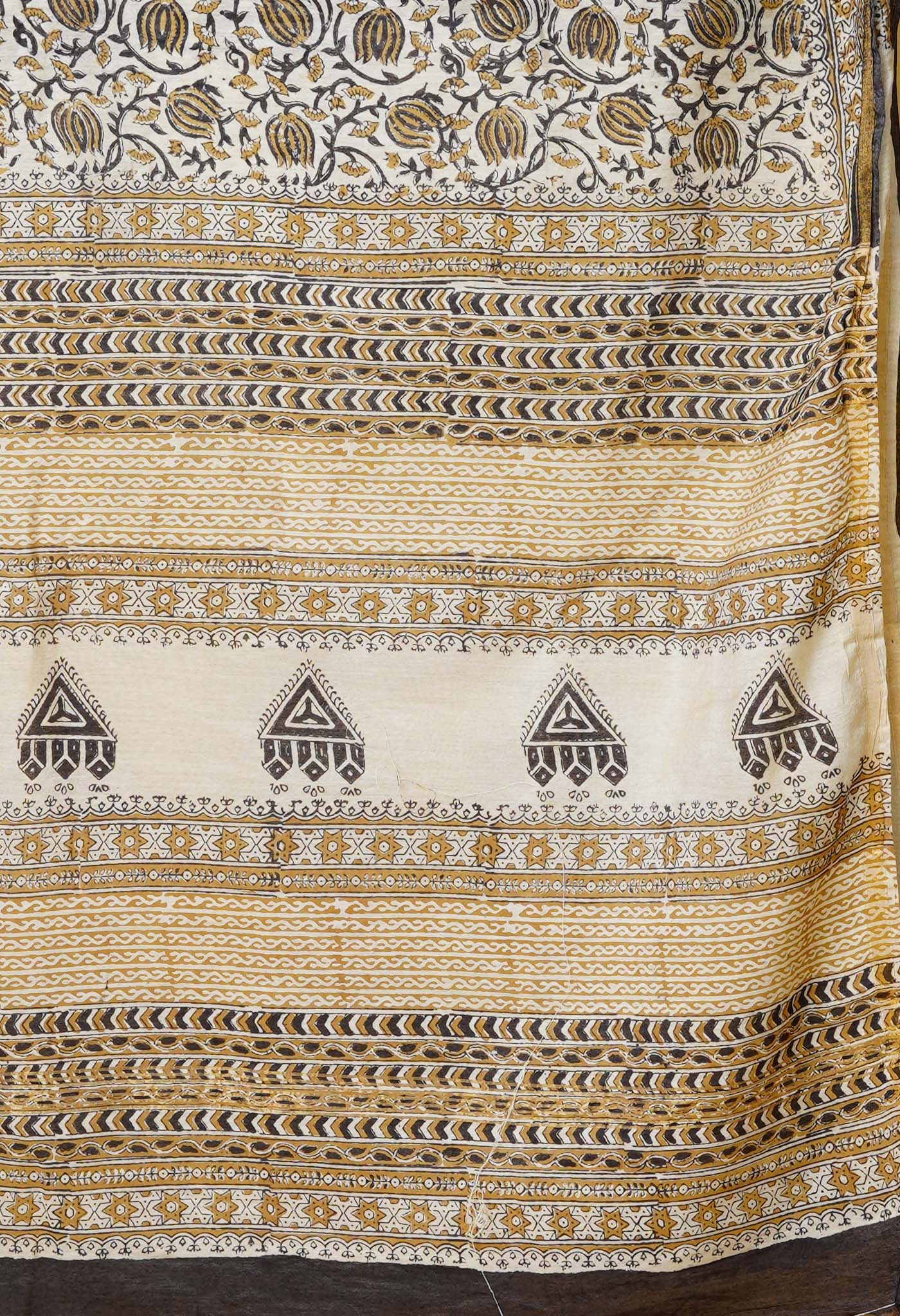 Cream Pure Bagru Printed Pashmina Sico Saree-UNM79421