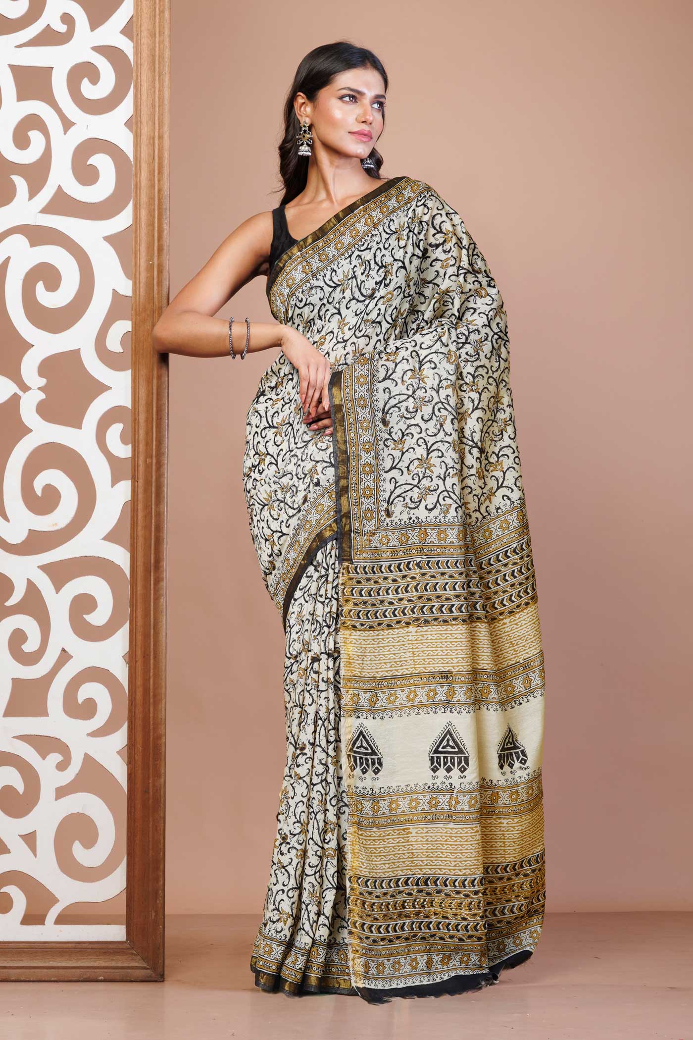 Cream Pure Bagru Printed Pashmina Sico Saree-UNM79422