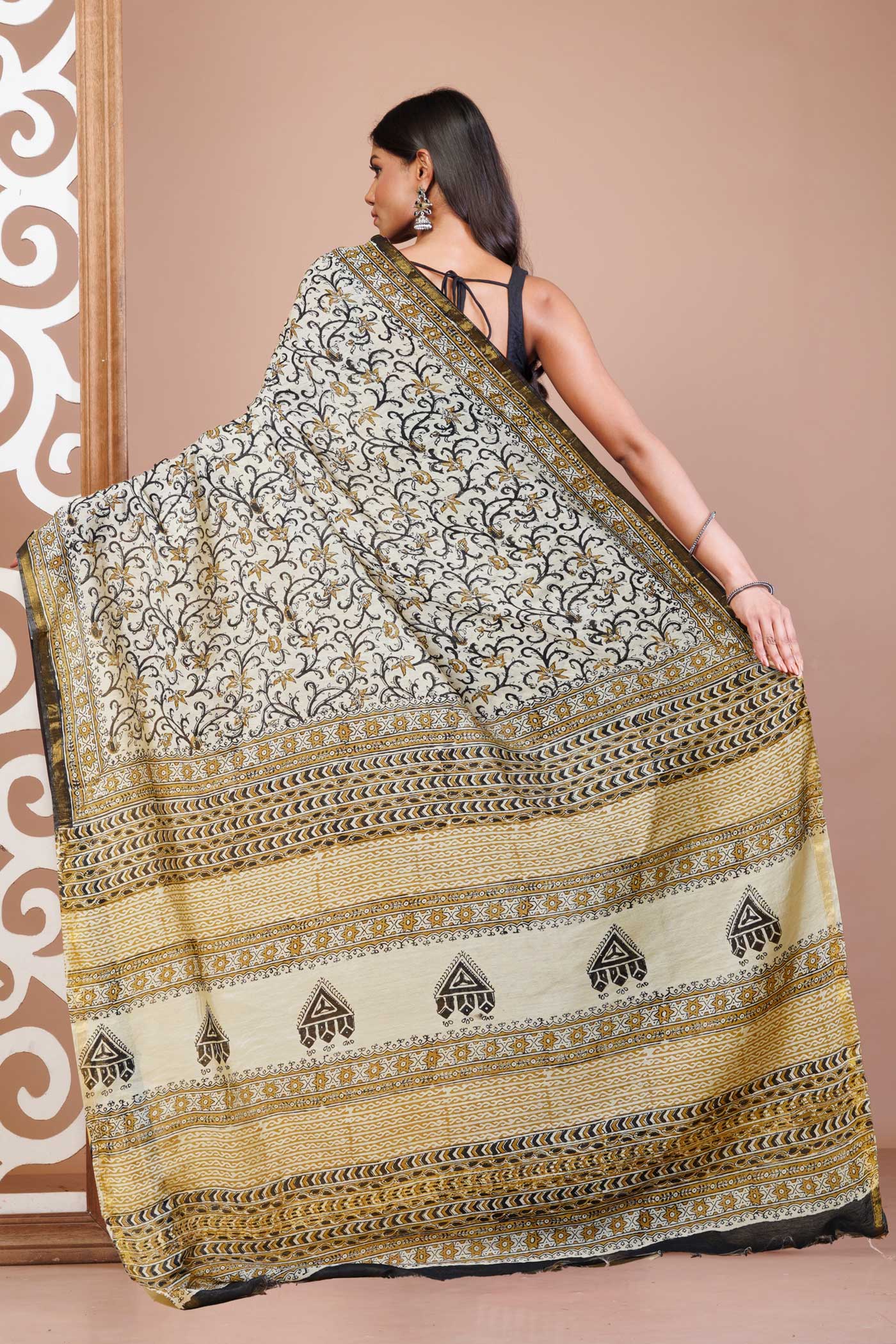 Cream Pure Bagru Printed Pashmina Sico Saree-UNM79422