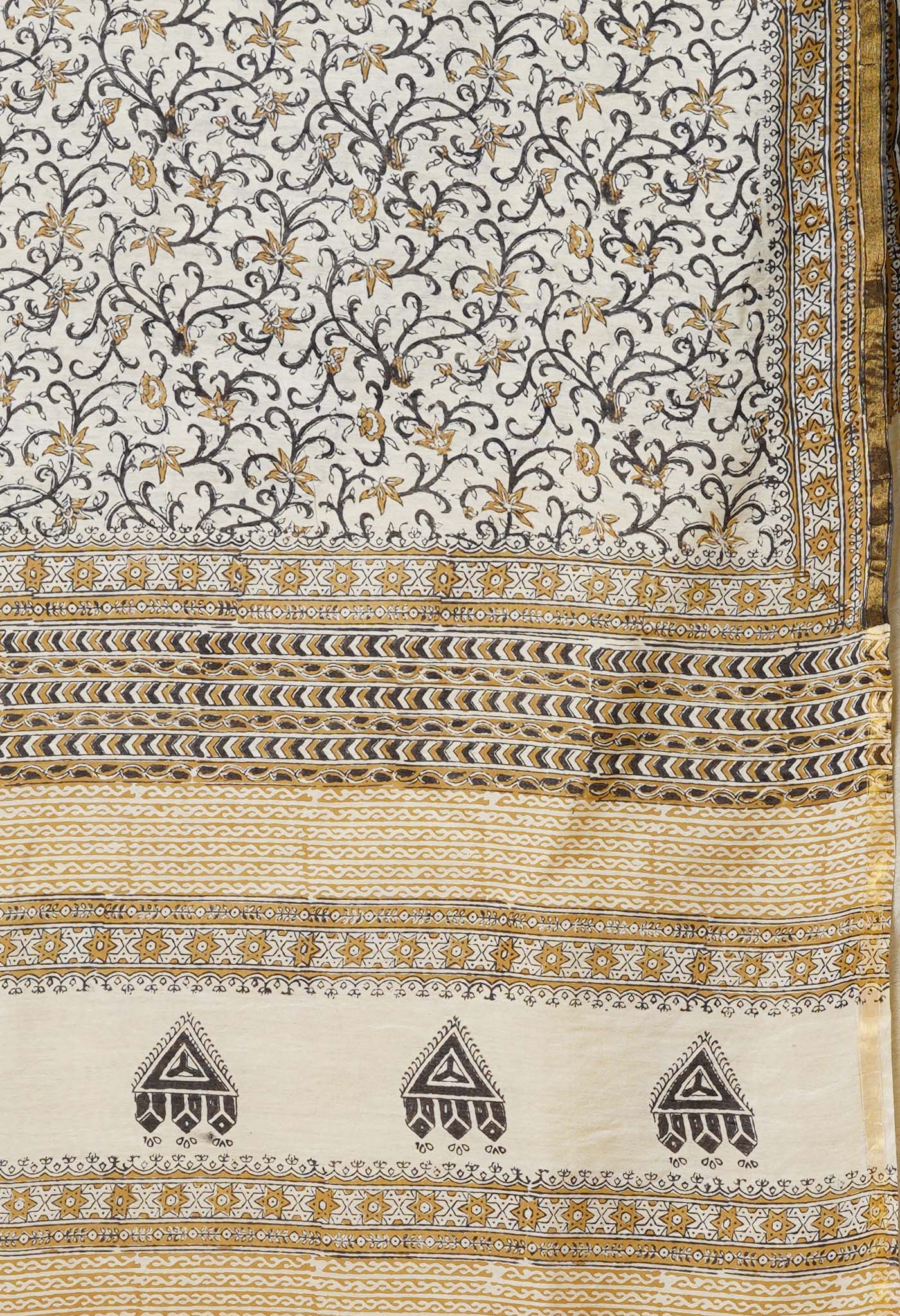 Cream Pure Bagru Printed Pashmina Sico Saree-UNM79422